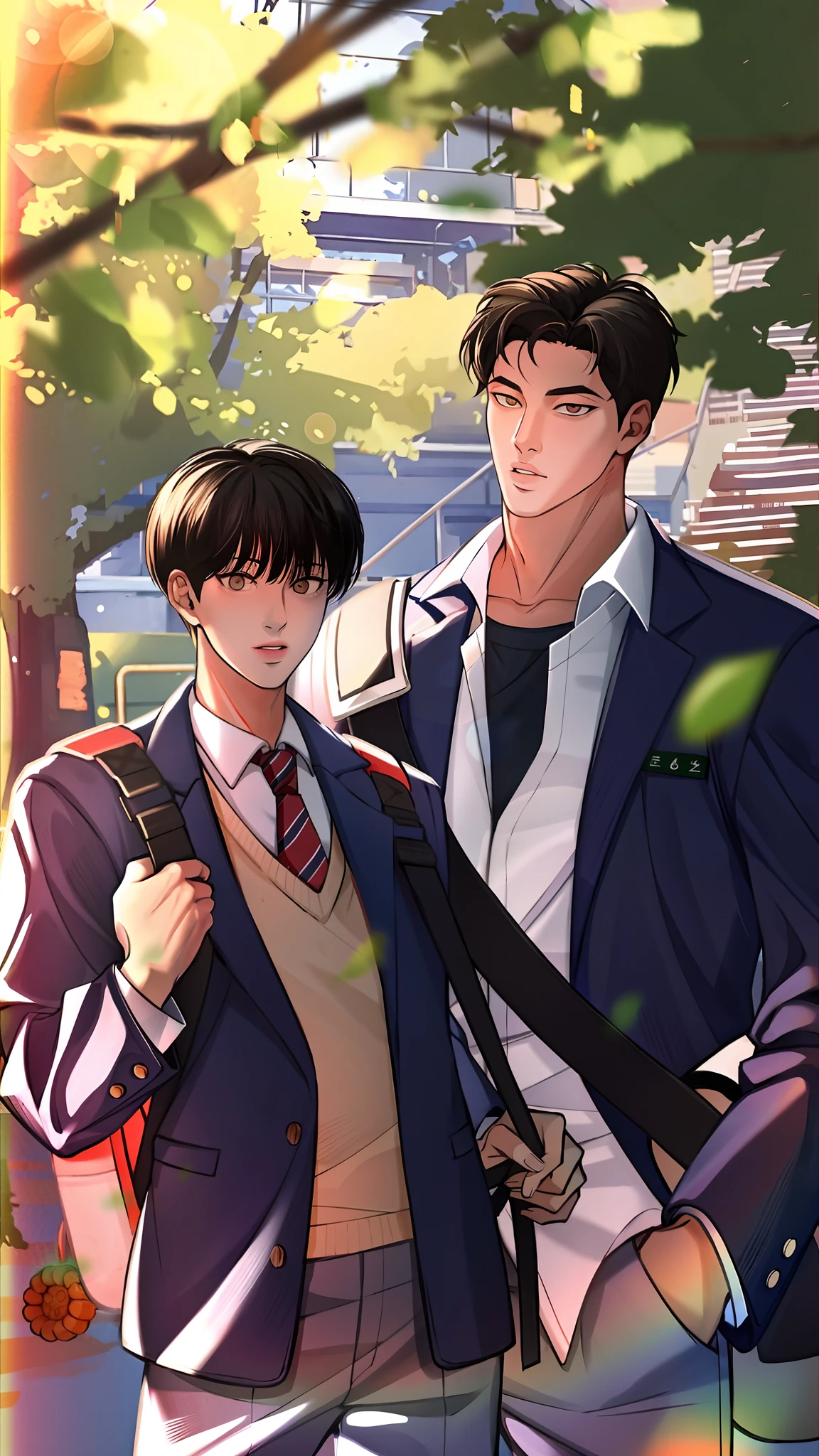 anime boy and girl standing next to each other in a park, manhwa, jin shan and ross tran, two anime handsome men, inspired by Yanjun Cheng, inspired by Bian Shoumin, high quality fanart, official fanart, cute boys, in the art style of bowater, ruan jia and brom, artwork in the style of guweiz, two young men