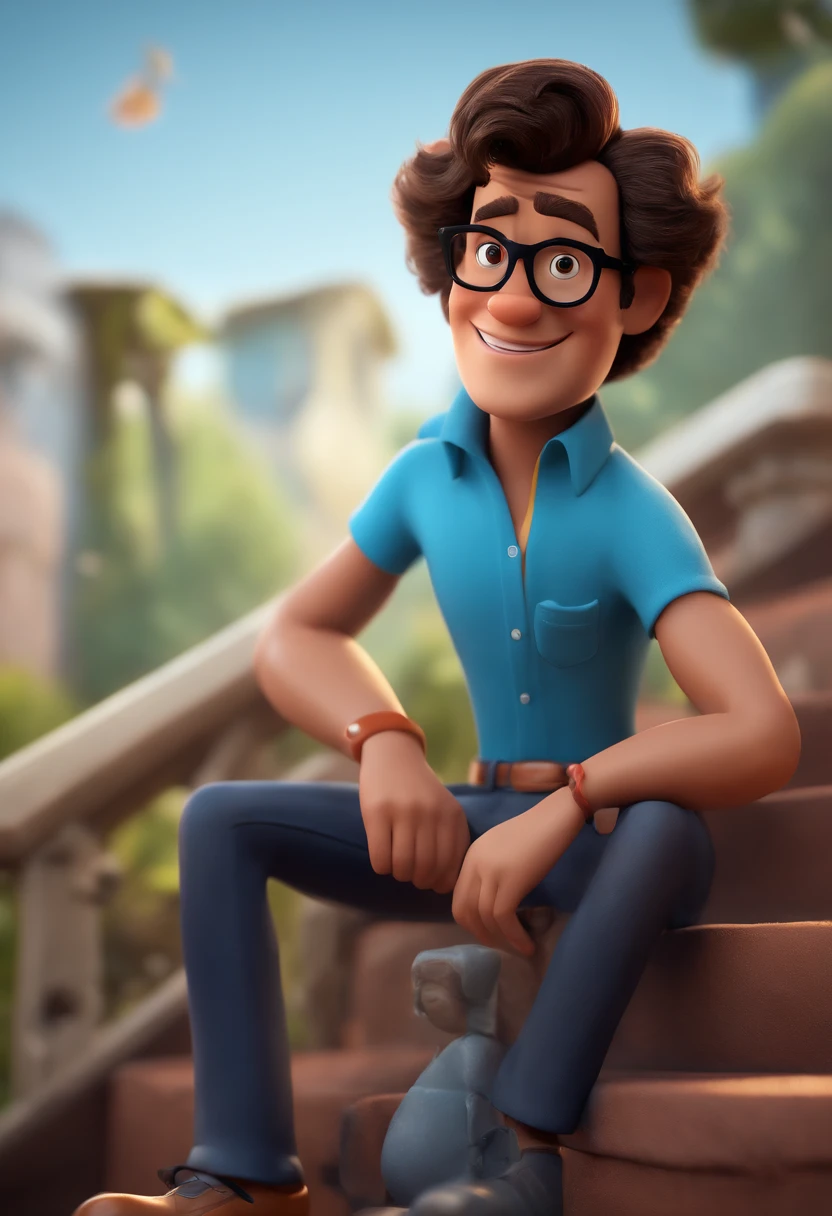 Cartoon character of a man with black glasses and a blue shirt, animation character, Caractere estilizado, animation style rendering, 3D estilizado, Arnold Maya render, 3 d render stylized, toon render keyshot, Personagem 3D, Personagem 3D, 3d rendering stylized, 3 d character render, personagem de desenho animado, Personagem de close up, Pose de personagem,  (Estilo Pixar) (master part:1.2) (Bokeh) (best quality) (pele detalhada) (textura detalhada) (8k) (argila) (Cinematic lighting) (foco nítido