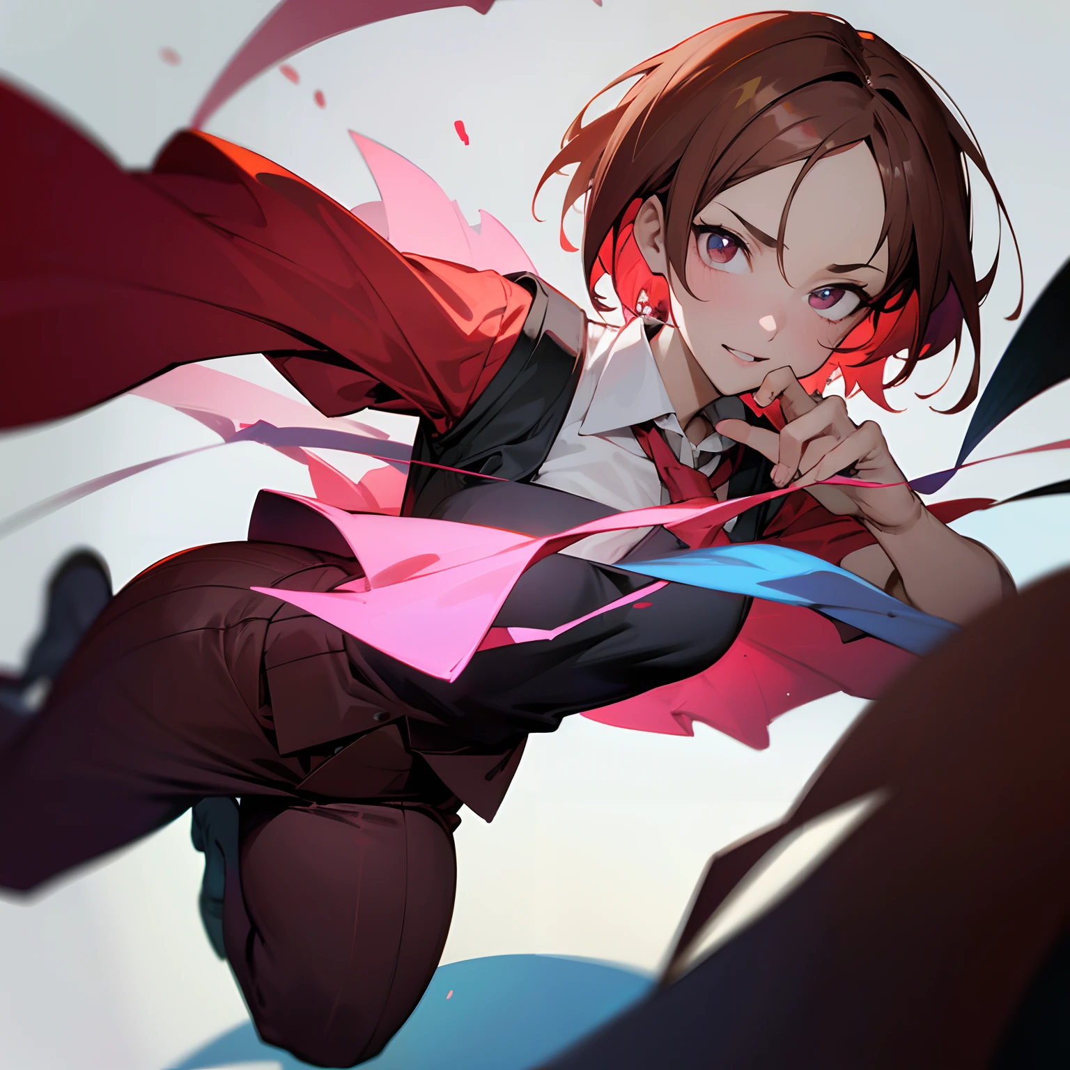 (Best Quality,4K,8K,hight resolution,masutepiece:1.2),Ultra-detailed,Realistic,(Vibrant colors,Colorful,Rich colors:1.1),Dynamic lighting、pupils、High school students、Dark circles under the eyes、Dark look、Red-brown hair color、short-haired、student clothes、vests、The shirt、Note PC、full body illustration、Only one man