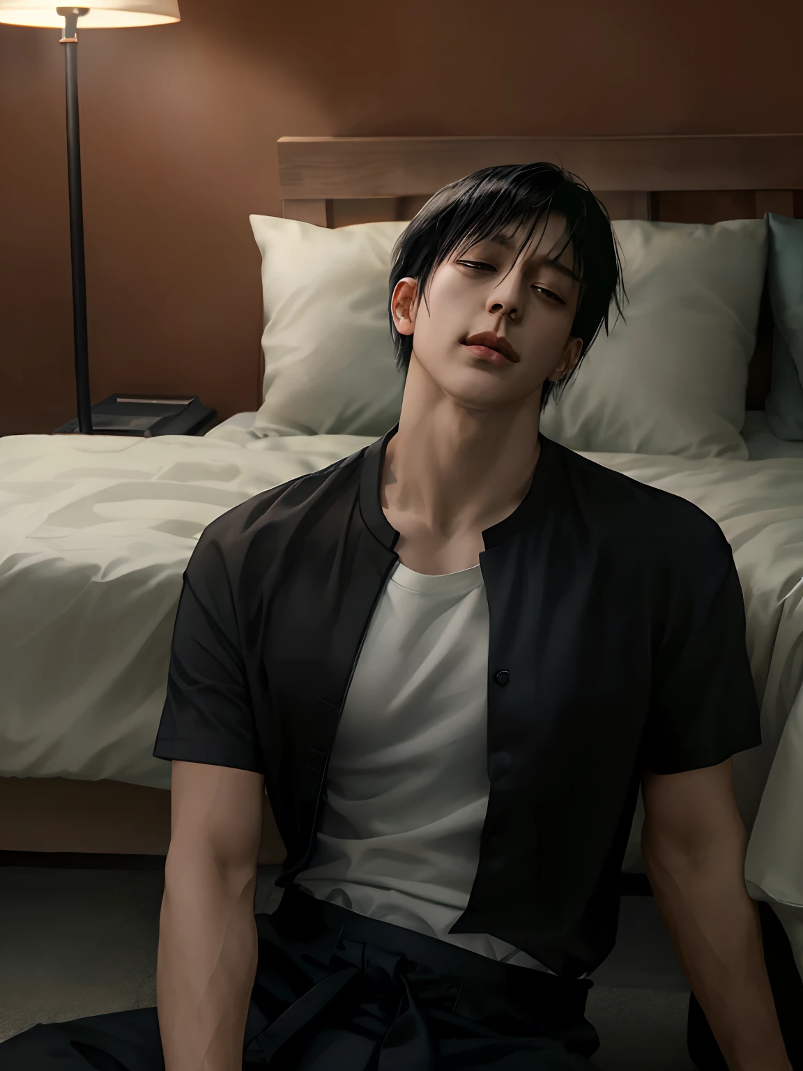1man, toji fushiguro in jujutsu kaisen, black hair, black eyes, in a white shirt and black pants sitting on a bed, handsome, sfw, open v chest clothes, ((Realistic lighting, Best quality, 8K, Masterpiece: 1.3)), Clear focus: 1.8, 1
