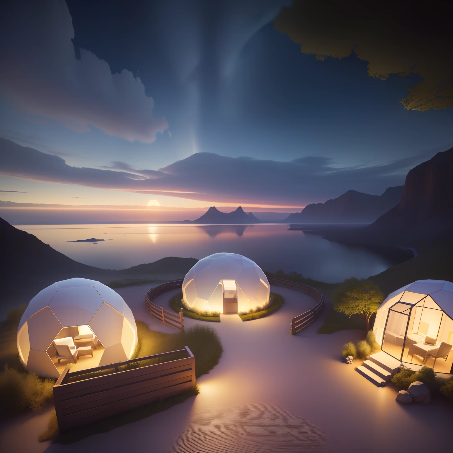 There are three domes that are sitting on the side of a hill, geodesic domes, Domespace, humanos dormindo em vagens de cura, domos, 3 d render bipe, Glamping, vagens de cura, geodesic dome, geodesic architecture, Estilo Erik Johansson, realistic fantasy rendering, night time render, enscape render, glass domes