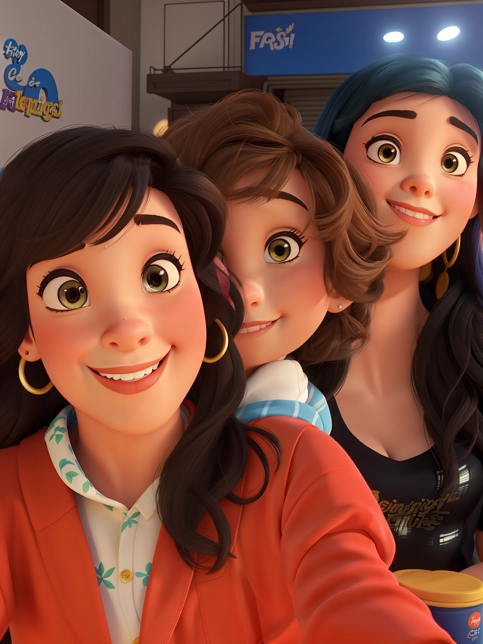 Amigas no estilo disney pixar, alta qualidade, muito felizes indo para uma festa