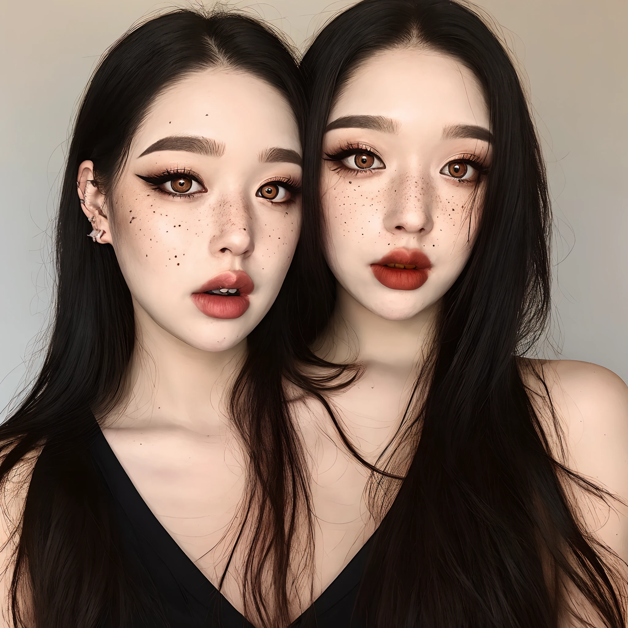 Girl with black hair, cheek piercings, angel bite piercings, tattoos, orange eye makeup, pale skin, middle part hair, freckles, hazel eyes