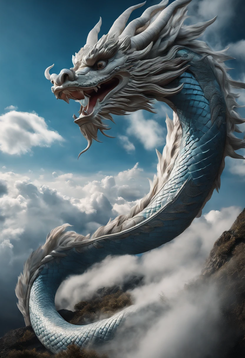 ((Masterpiece)), (((Best quality))), ((Ultra-detailed)), (Amazing:1.1),Chinese Dragon, Nature, sky and ground, Big wind, wind blown, Line Cloud,Light shoot from the cloud,with blue sky and white clouds, an award winning photograph, BLN-L24,High contrast,Low saturation,High saturation 8k 3D, F 2.8lens, Aerial view, Cinematic lighting
