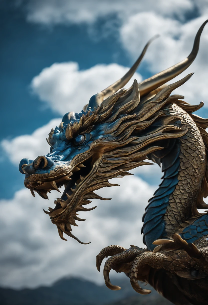 3D rendering of a very beautiful white dragon,腾cloud驾雾,Fir Mountain,Chinese architecture,cloud,sunny day,Dynamic expression, Sharp effects and details,Excellent image quality,High resolution