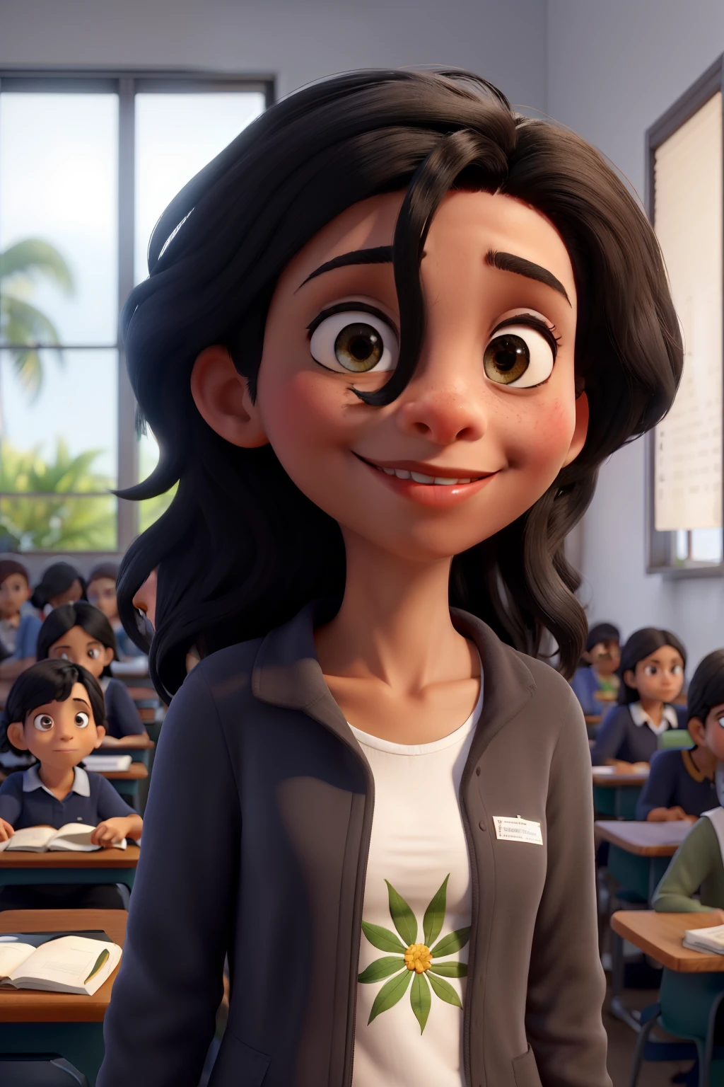 Medium and black straight hair, olhos pretos puxados, olhar carinhoso, professora de avental com letras, pele clara, Plant in hand, School with child