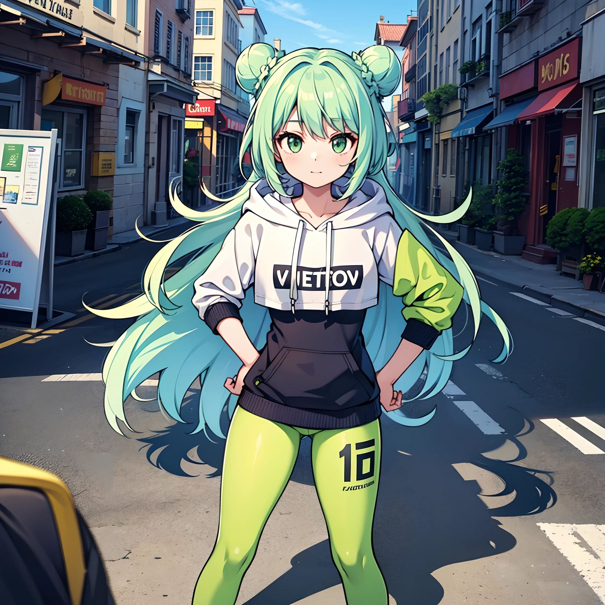 1girl, solo, teen, vtuber girl, green hair, (long hair, hair buns, straight hair), green eyes, leggings, ((hoodie, oversized hoodie)), white hoodie, blue scarf, metropolis, city background, scenery, beautiful colorful, close-up, people around, standing, looking at viewer, hands on hips, masterpiece, illustration, 4k