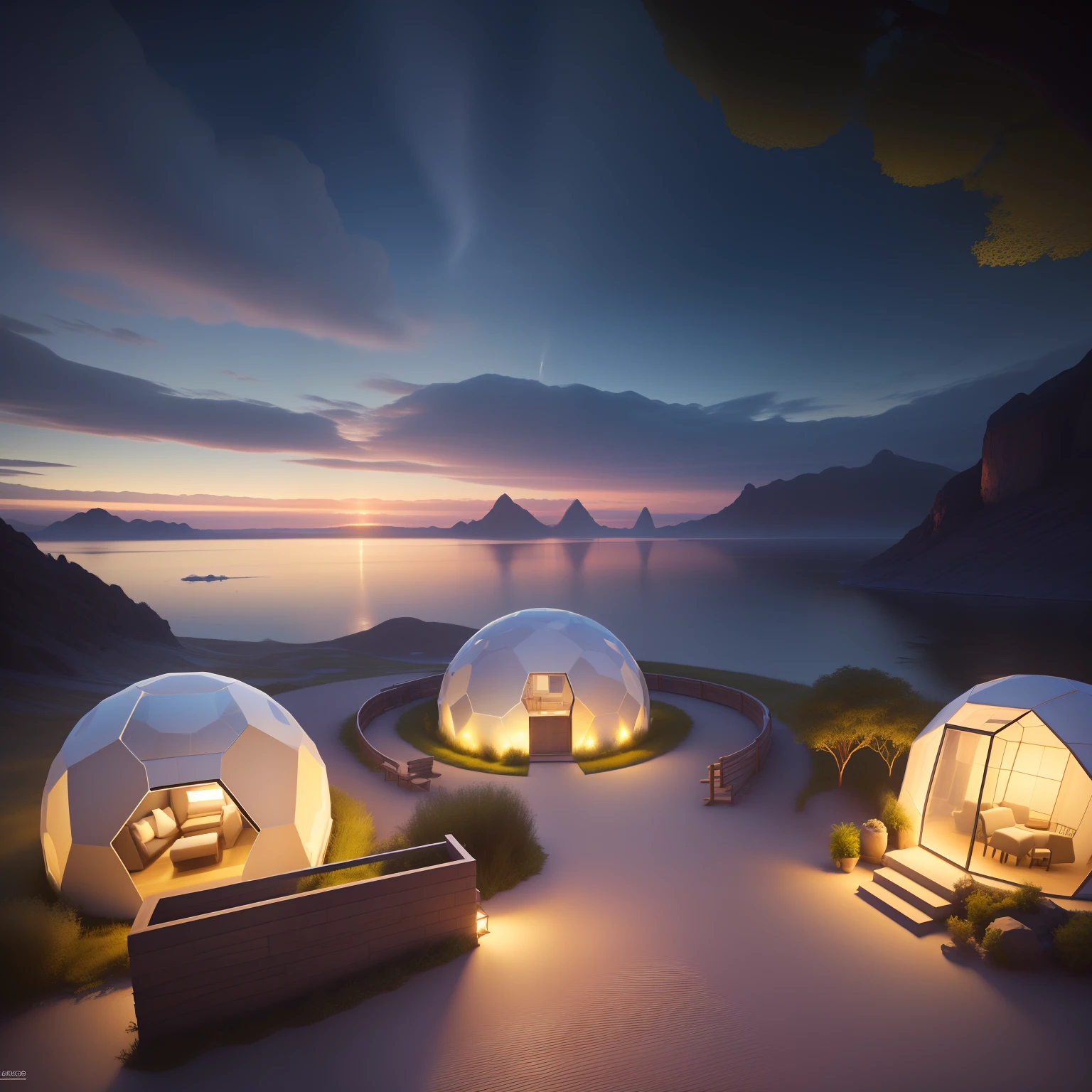 There are three domes that are sitting on the side of a hill, geodesic domes, Domespace, humanos dormindo em vagens de cura, domos, 3 d render bipe, Glamping, vagens de cura, geodesic dome, geodesic architecture, Estilo Erik Johansson, realistic fantasy rendering, night time render, enscape render, glass domes