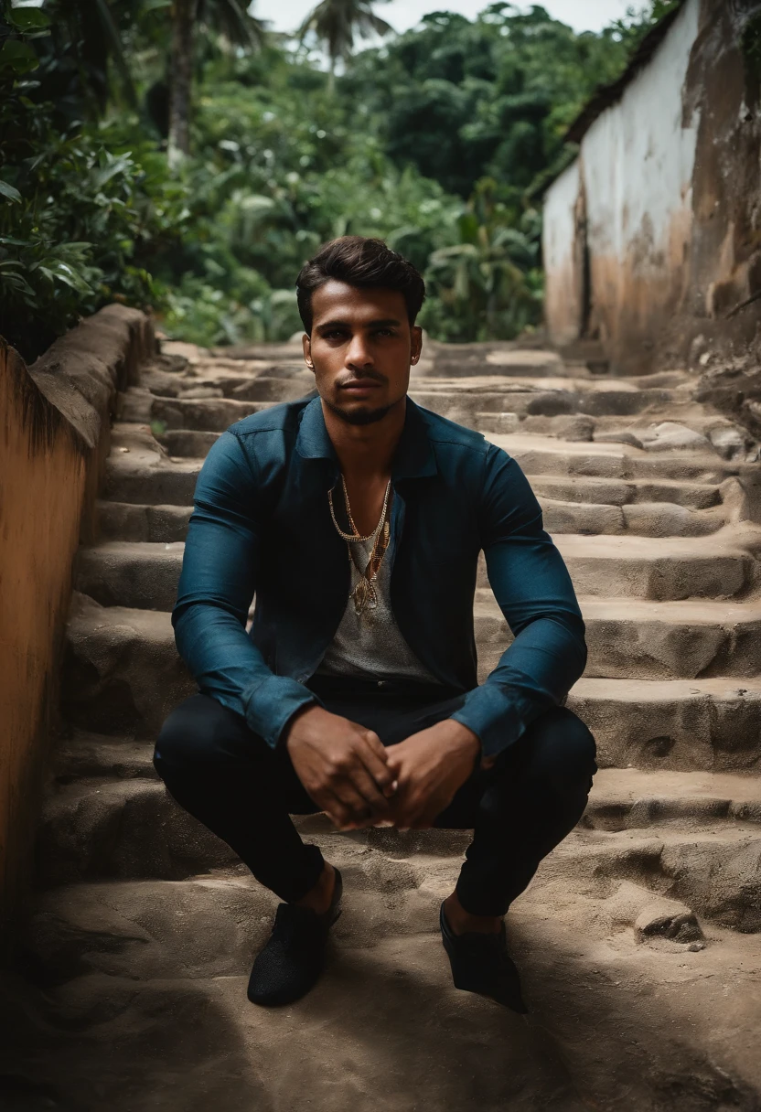 Create an image depicting this story. Kako Cardoso, 27 anos, cresci em uma cidade do Nordeste chamada Japaratuba/SE , Where I had a difficult childhood, With my parents always fighting and my father beating my mother. Um dia, decidi agir e fazer com que ele parasse, But I ended up pushing him and he ended up dying after hitting his head on the stairs. Com isso, I was wanted by the police.

I met a friend who took me to the favela so I could start doing illegal routes. I started out selling small amounts of drugs and getting dirty money, then I found that it was easy and quick to make money, But he also took a lot of risks, including running away from the police.

Com o tempo, I started going to the gang to buy more drugs and was spotted by one of the right-hand men of the gang owner. He asked me if I wanted to join the family and offered me protection. Life as a fugitive was not easy, So I accepted the offer. Fui submetido a um teste, which consisted of bringing in a million dirty money. Consegui cumprir o desafio e fui recrutado.

I wanted to go further and become a drug dealer, por isso, participei de guerras e corri riscos. Finalmente consegui me tornar um traficante, which earned me a lot of enemies inside and outside the faction. Some of them were unhappy that I had taken the place of others who had been in the faction longer.

No entanto, I was always proactive and fulfilled all the missions I was given. I made a lot of friends and enemies too. Infelizmente, The rival faction went up the hill with a larger contingent than ours, killing all my partners and taking the hill for themselves, o que me obrigou a deixar a cidade, that's why I'm here at the immigration of the COMPLEX asking for a visa to rise up again and become what I was before, um traficante bem renomado no mundo do crime.