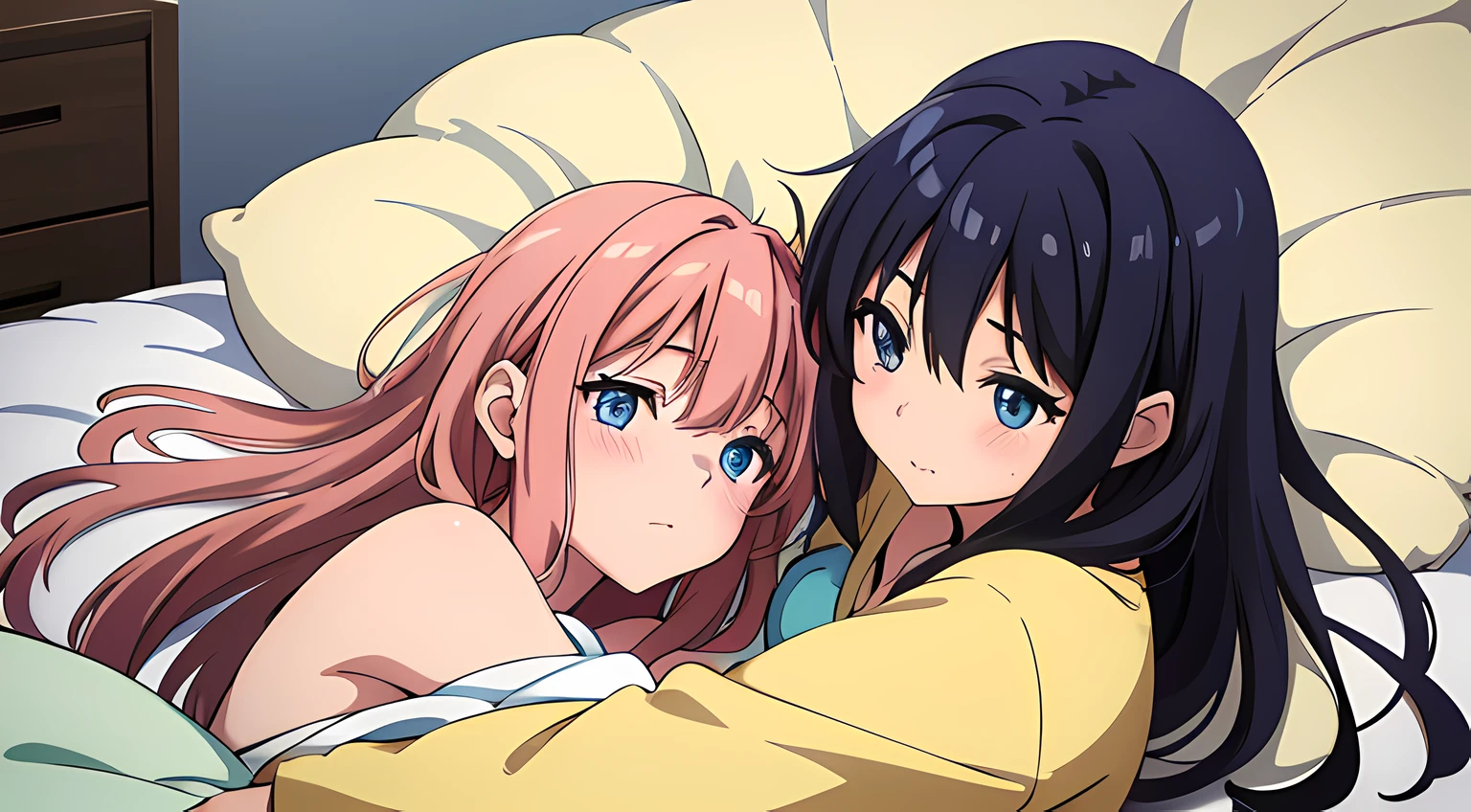 2 girls, (beautiful eyes finely detailed, long hair with different colors), wearing different outfit, laying down in bed, hugging each ohter, teasing facial expression, looking at the camera, blush on their face, master piece, sidelighting, top-quiality, detailed, full body photos, High Resolution anime illustration