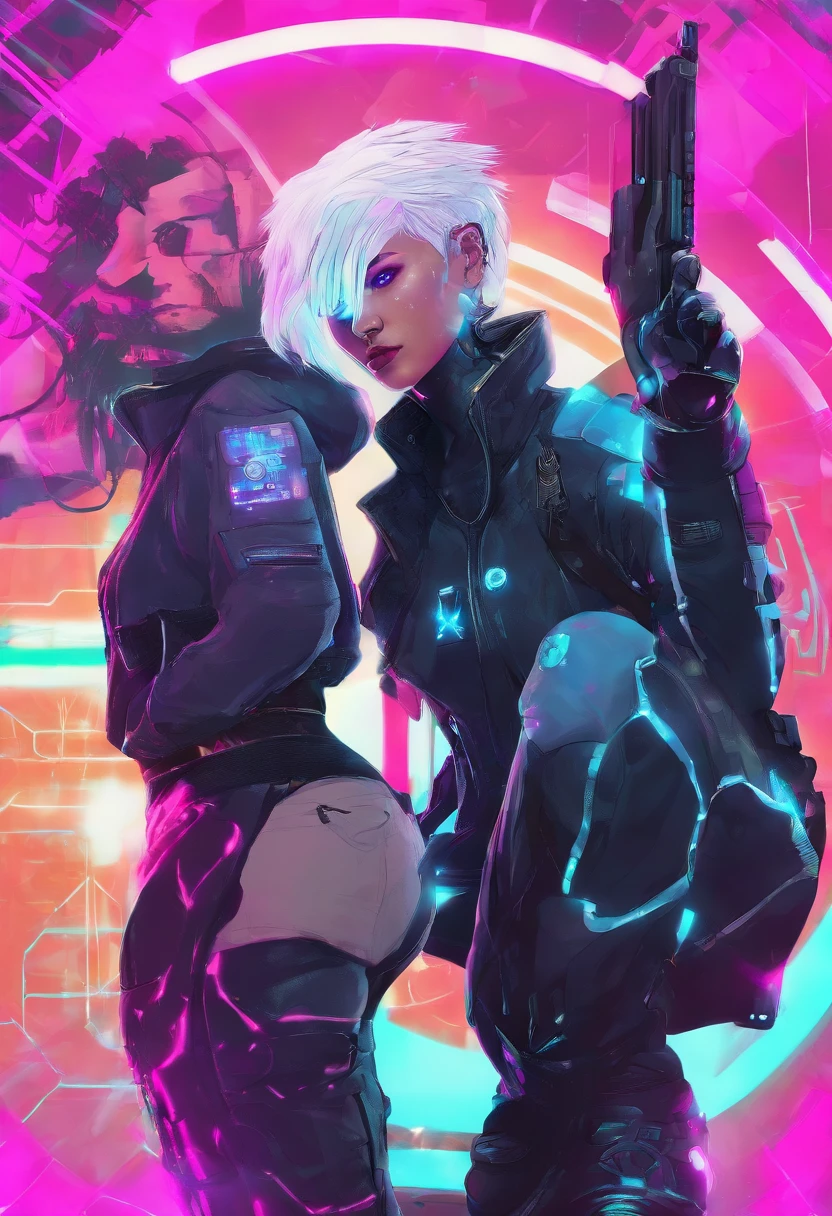 1 male, white hair, male with female features , netrunner