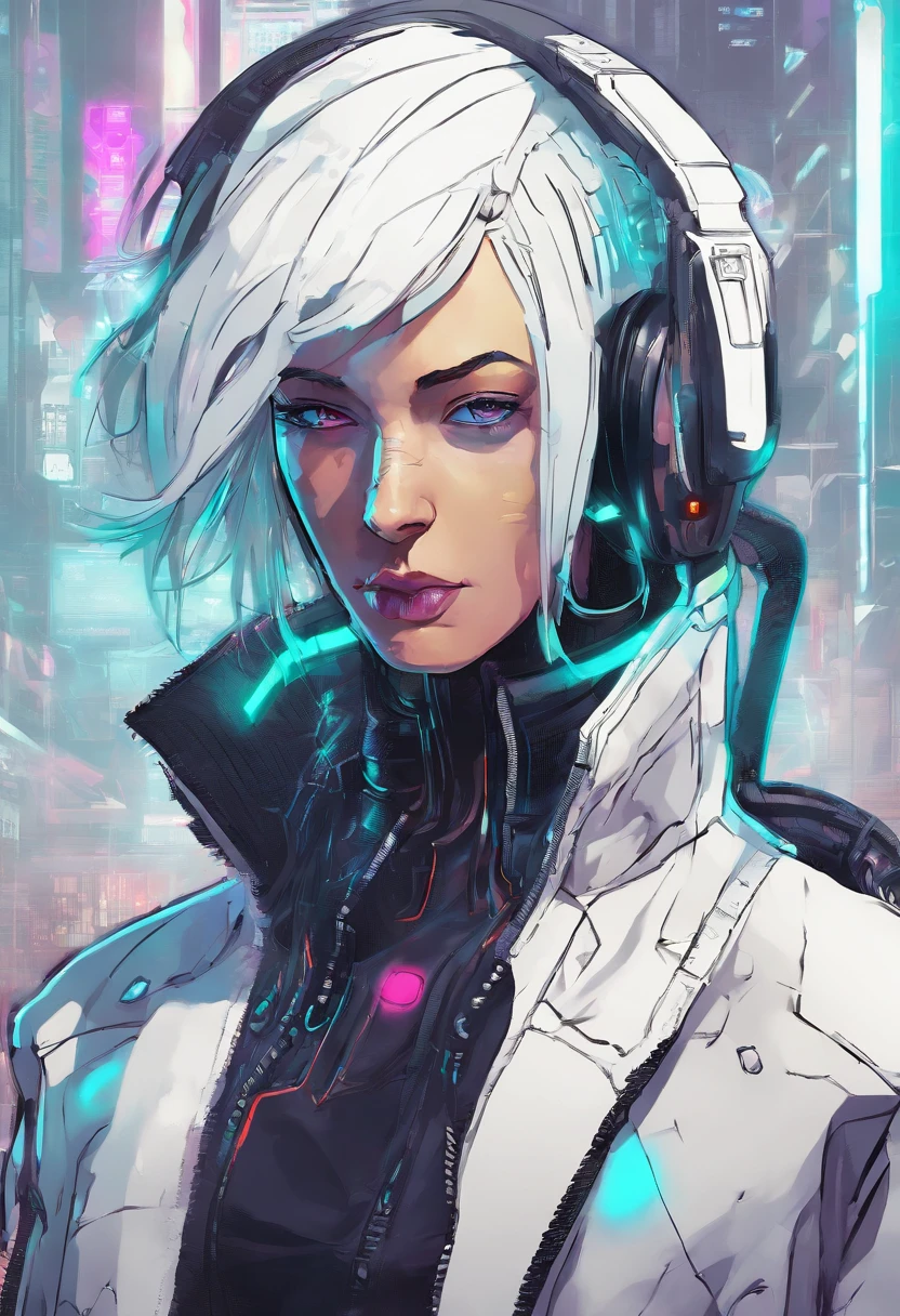 1 male, white hair, male with female features , netrunner