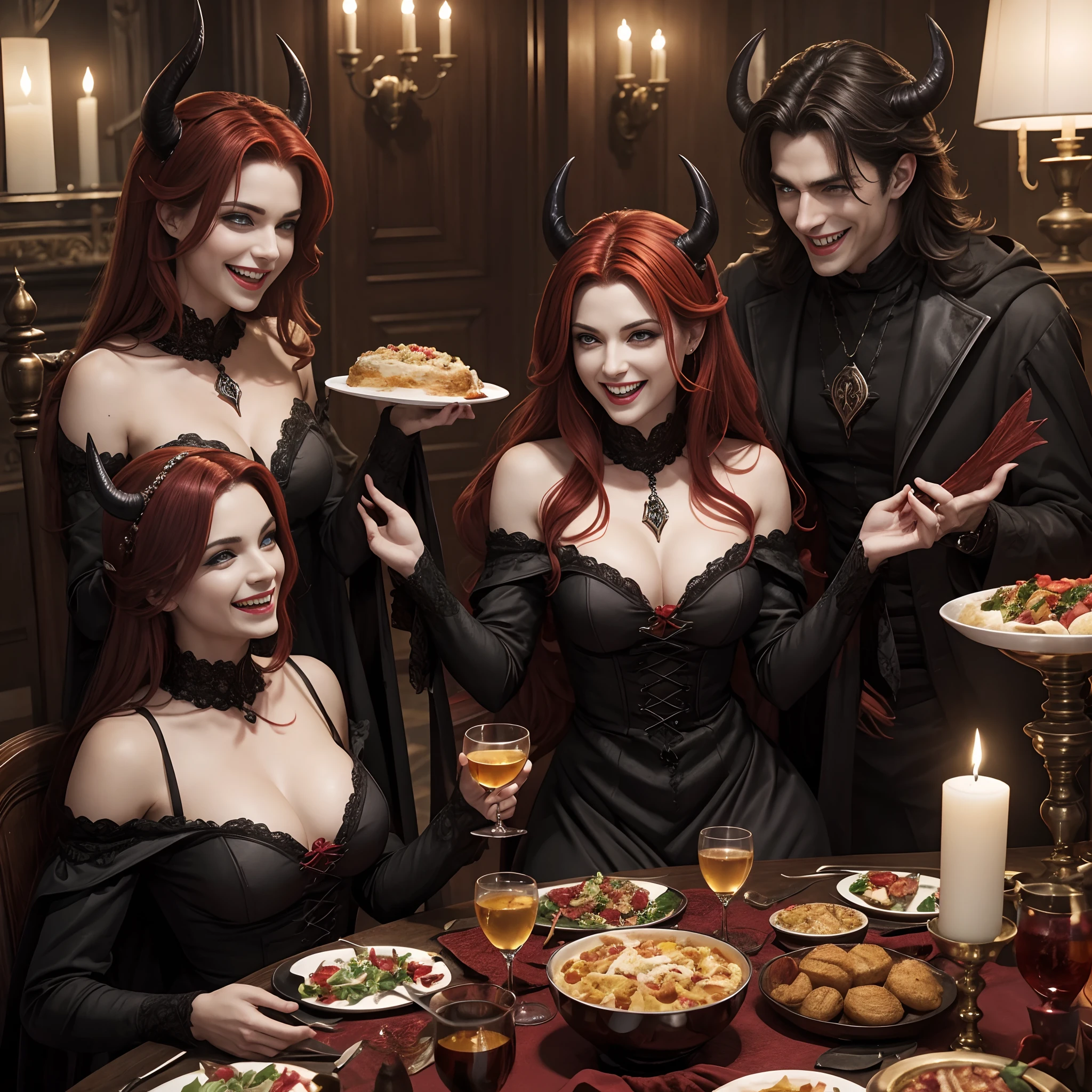 A male devil handsome,Some one femal Evil witches sat and feasted, laughing happily