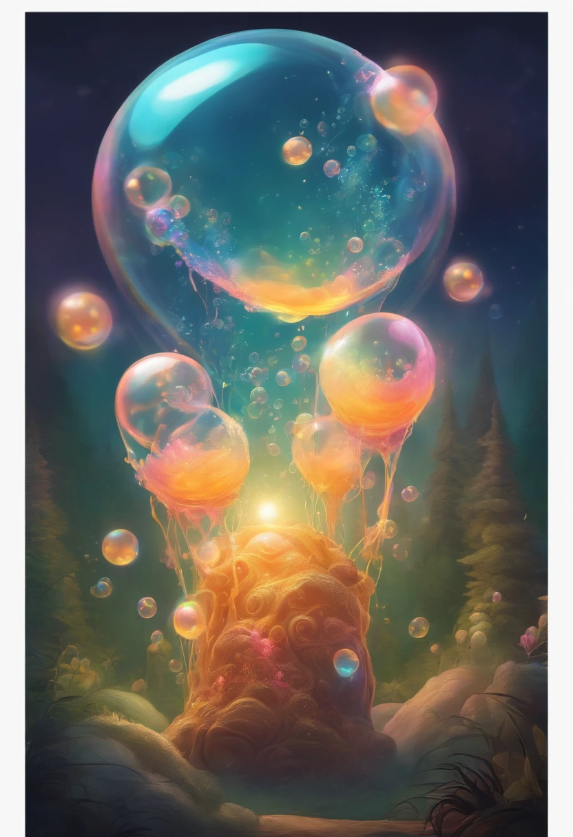 The soap bubble monster: A monster made of glowing soap bubbles floating through the air. Cartoon