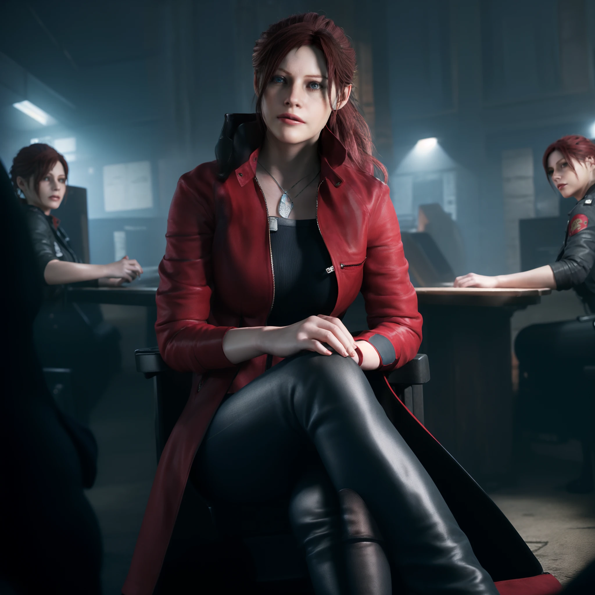 Best quality, ((Claire redfield from resident evil)), woman 40 years old, long red hair, black jeans, red nail polish, beautiful face, red long coat,little smile expression