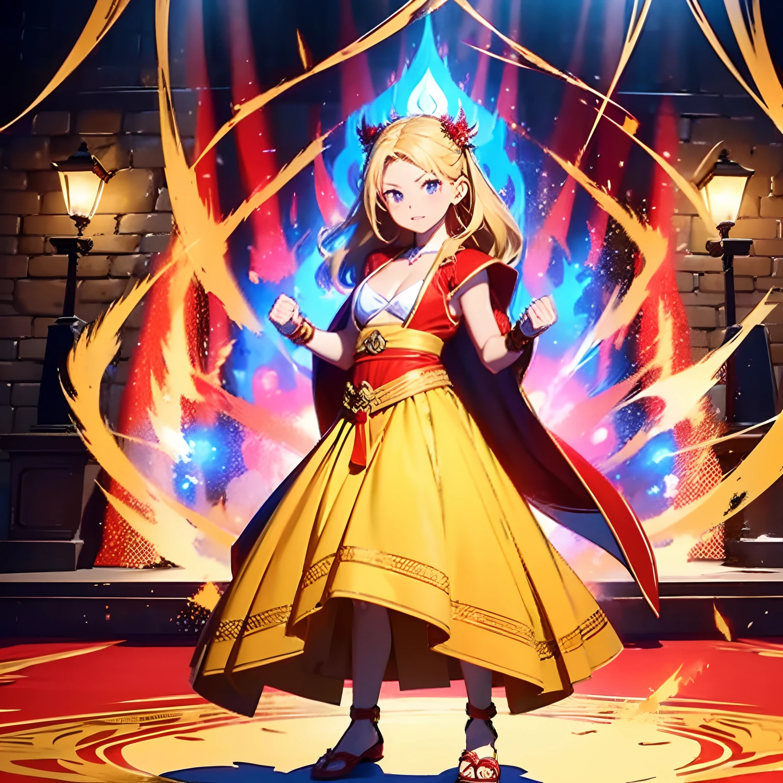 (best quality,ultra-detailed,realistic),red and gold,castle,7-year-old girl with beautiful detailed red color eyes and lips, flowing yellow blond hair, flat chest, flat breasts, (no cleavage), wearing a red and gold monk gi, charging ki. The scene is set in a castle with a fancy carpet, adorned with vibrant colors. The artwork is photo-realistic with vivid colors, capturing the energy and vibrancy of the girl's charging ki, wearing cloth shoes, hands are closed fists, glowing silver aura,