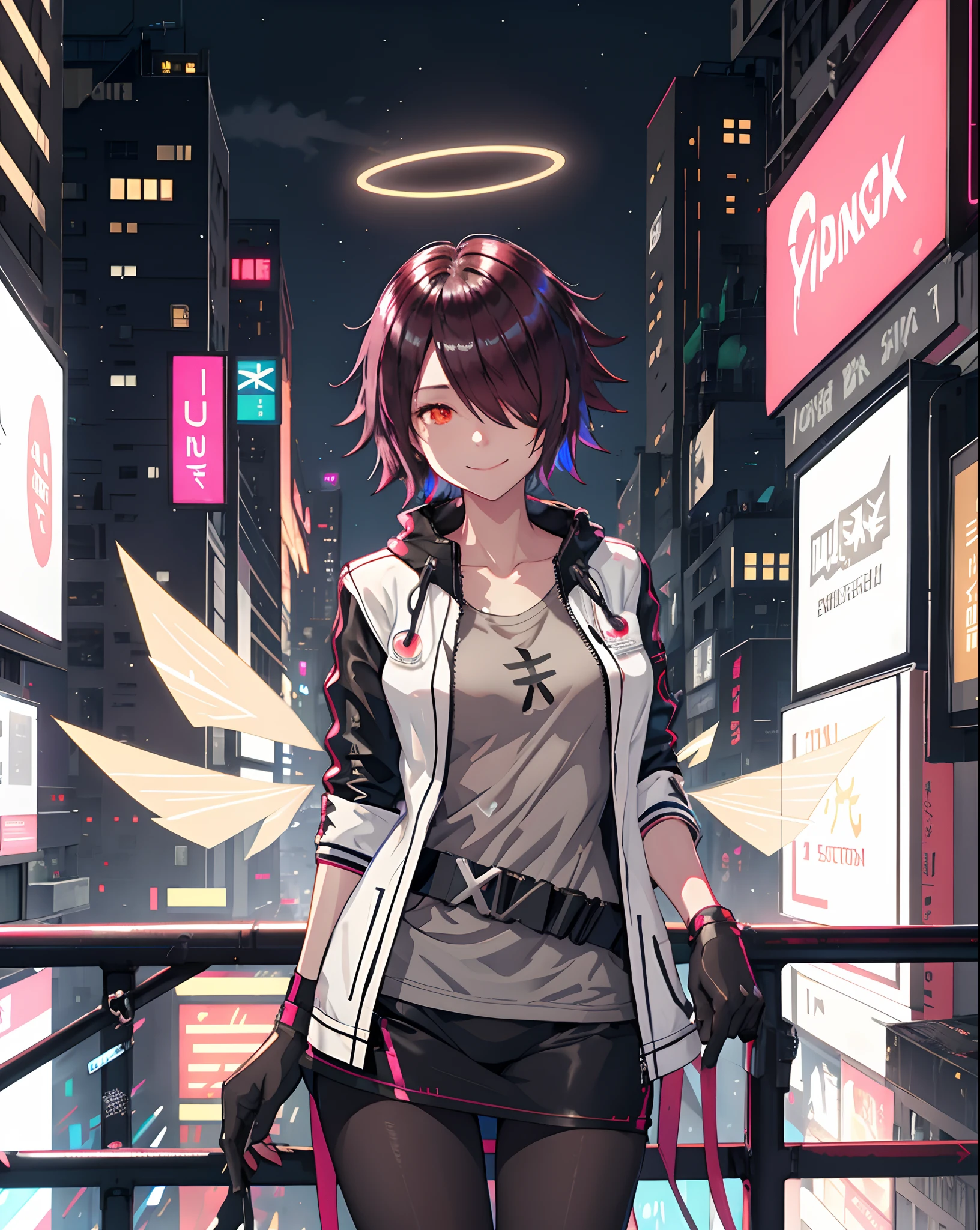 halo, detached wings, energy wings, exusiai \(arknights\), open outfit,grey shirt,  1girl, solo,  black gloves, smile, pantyhose,hair over one eye,cyberpunk city, neon lights, night , white open jacket,