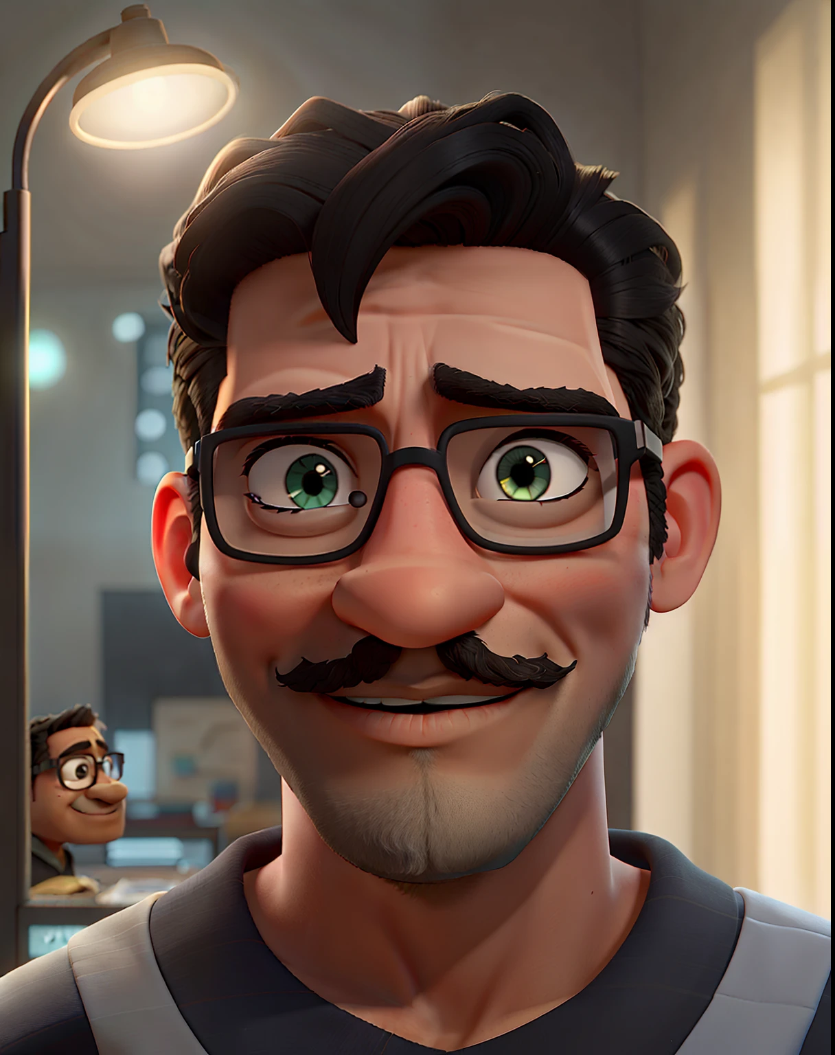 Um homem negro de 30 anos, With eye Glasses, bigode e barba no queixo, parado na frente, illuminated by the light of a lamp, contra o pano de fundo de uma igreja