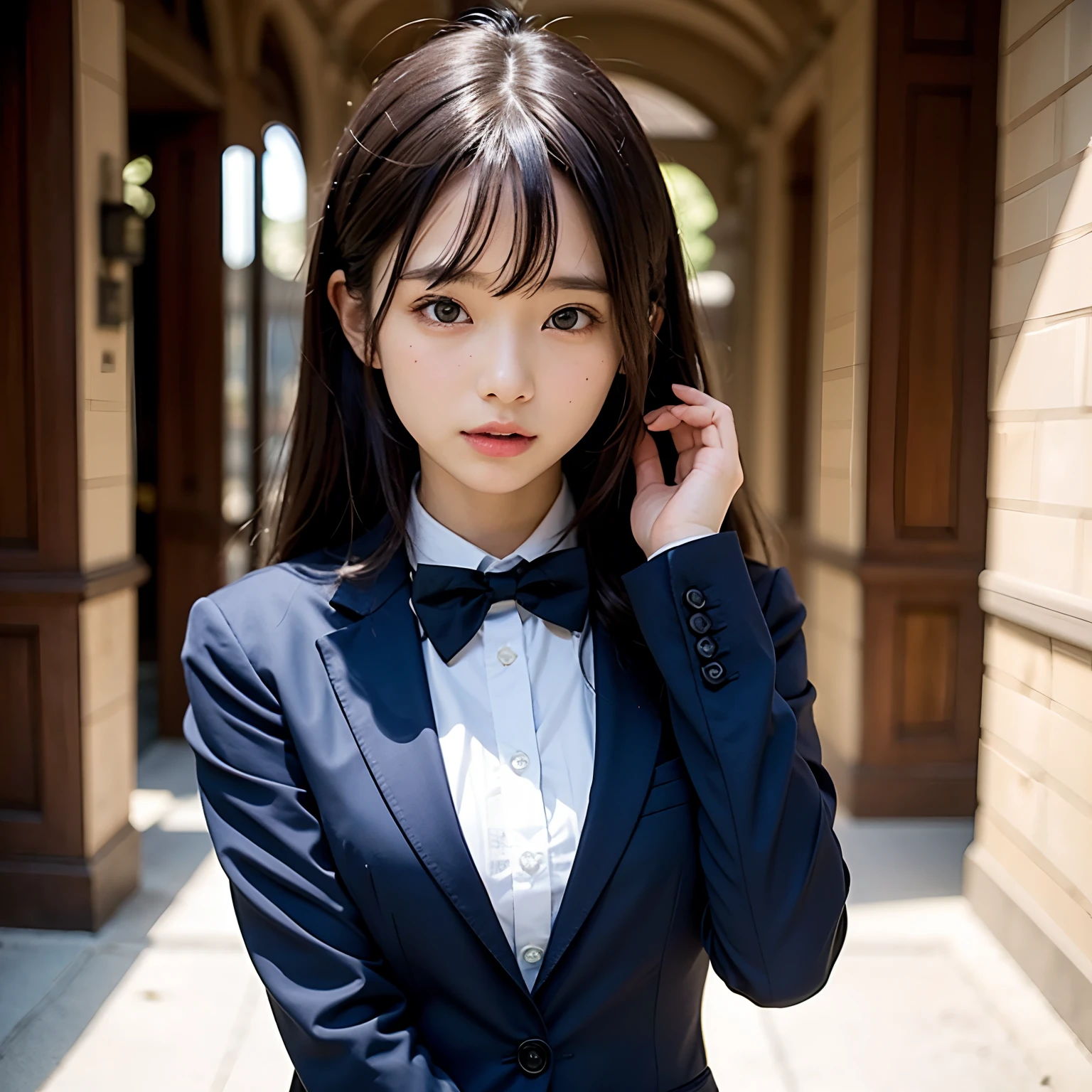 (masutepiece, Best Quality:1.2), 8K, Official art, Full body photo, full body Esbian、Suits、Black hair embarrassing、Facing up、skinny、14years、small tits、Eyes closed、Deep sadness、Sorrow、look up sky、screeming、 unbelievable Ridiculous, (Upper body, Dark blue suit:1.4), Beautiful Girl, Pretty Face, arching back down, cute panty、Gold hair ornament on hair、Wearing a cute suit、close up, Wearing a suit, Short sleeve, gardenia, violaceaess, Teen, Street, Looking at Viewer, Film grain, chromatic abberation, Sharp Focus, face lights, Dynamic lighting, Cinematic lighting, Eyes and faces with detailed, Bokeh background, (1 dark red bow tie:1.2)