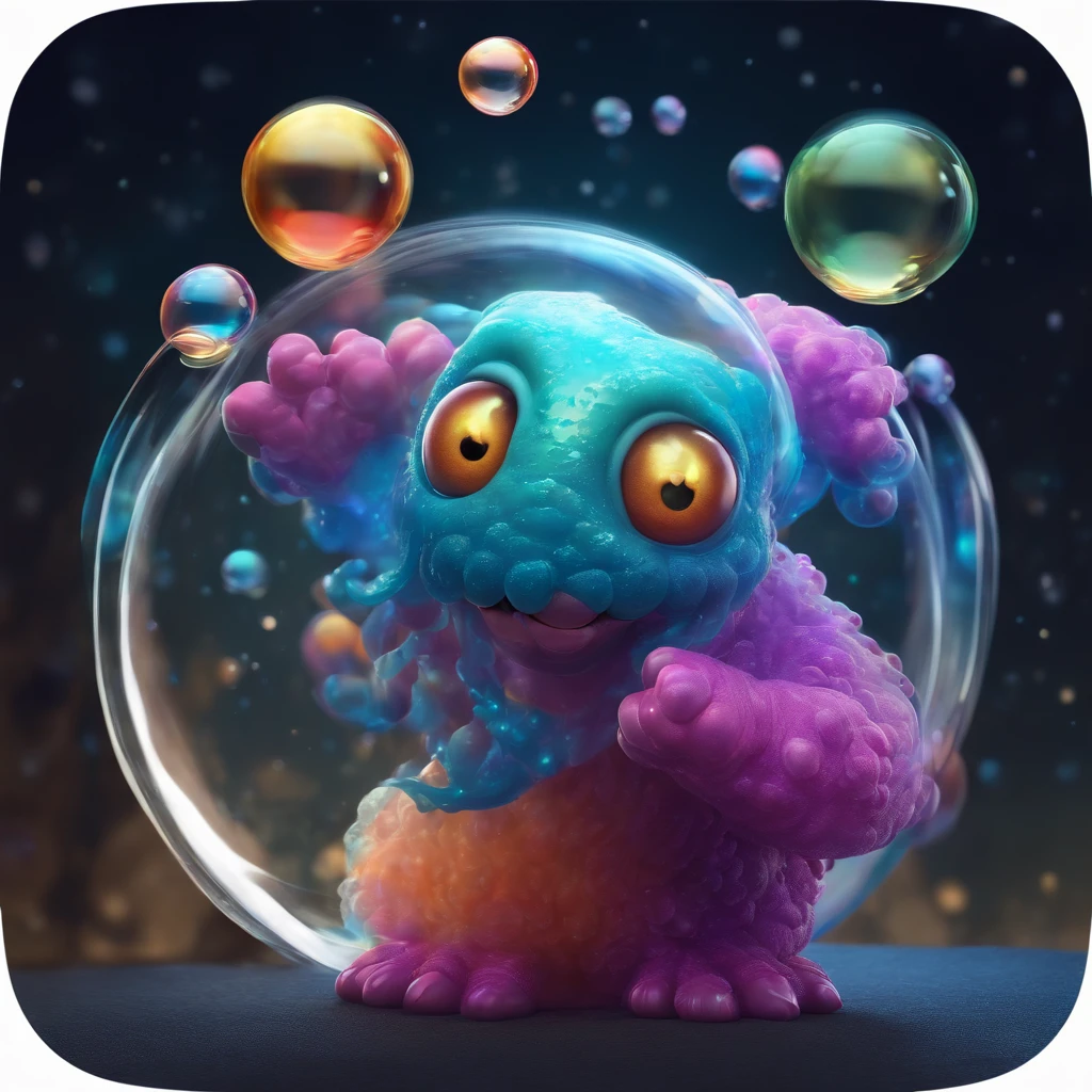 The soap bubble monster: A monster made of glowing soap bubbles floating through the air. Cartoon