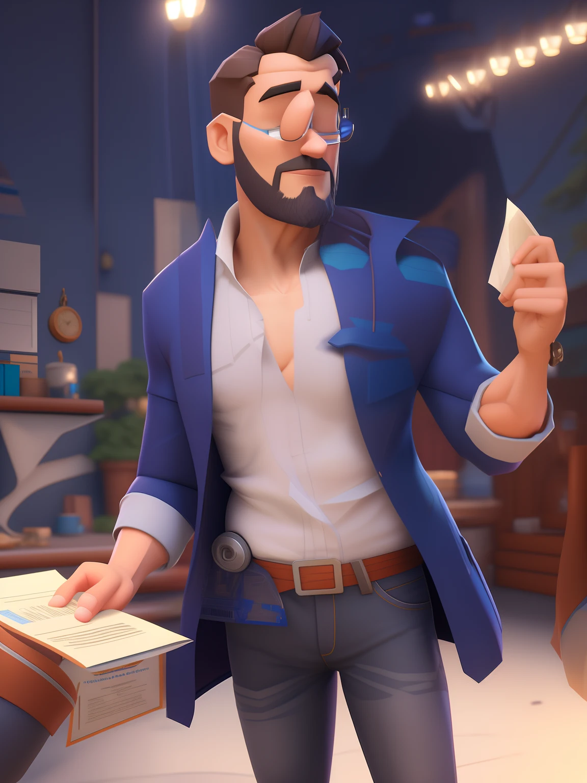 Man in blue jacket holding a piece of paper, semi-realistic rendering, 3 d render stylized, animation style rendering, 3d rendering stylized, stylized as a 3d rendering, promotional render, Artista CG, realista estilo 3d, super detailed rendering, toon render keyshot, animation character, cena detalhada, 3 d character render