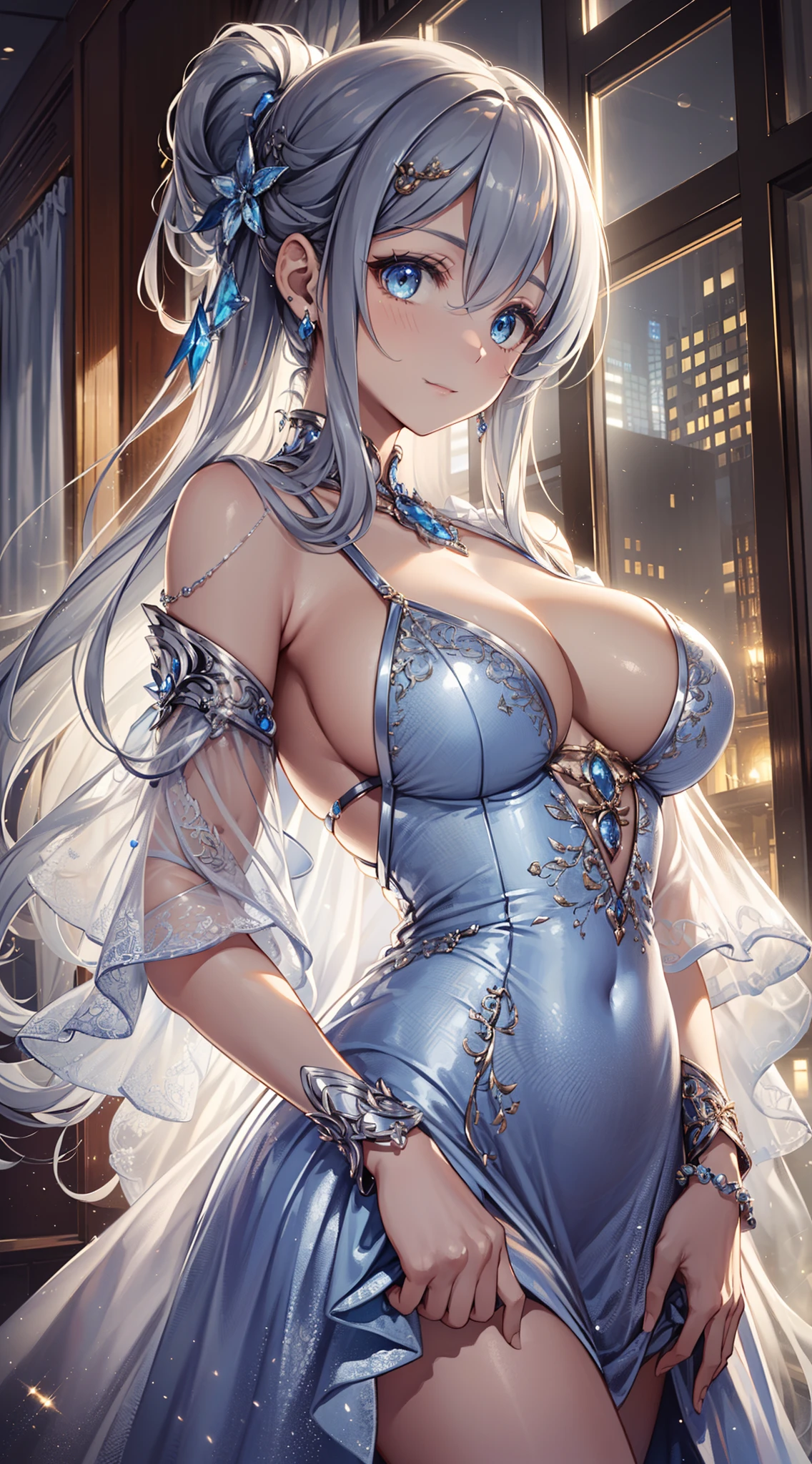 top-quality、Top image quality、tmasterpiece、8kK、Girl vs((、Best bust、Medium bust、Enchanted、Seductive posture、Light blue eyes、Breasts wide open,Slightly curly silver hair、big bast、slenderness、Great Valley、Silver luxe dress、White sheer luxury dress,Reflectors))highest quality、beautiful art、Background with((luxury hotel、Night view windows)))masutepiece、visual art、depth of fields、Diamonds adorn clothes,glitters,full bodyesbian