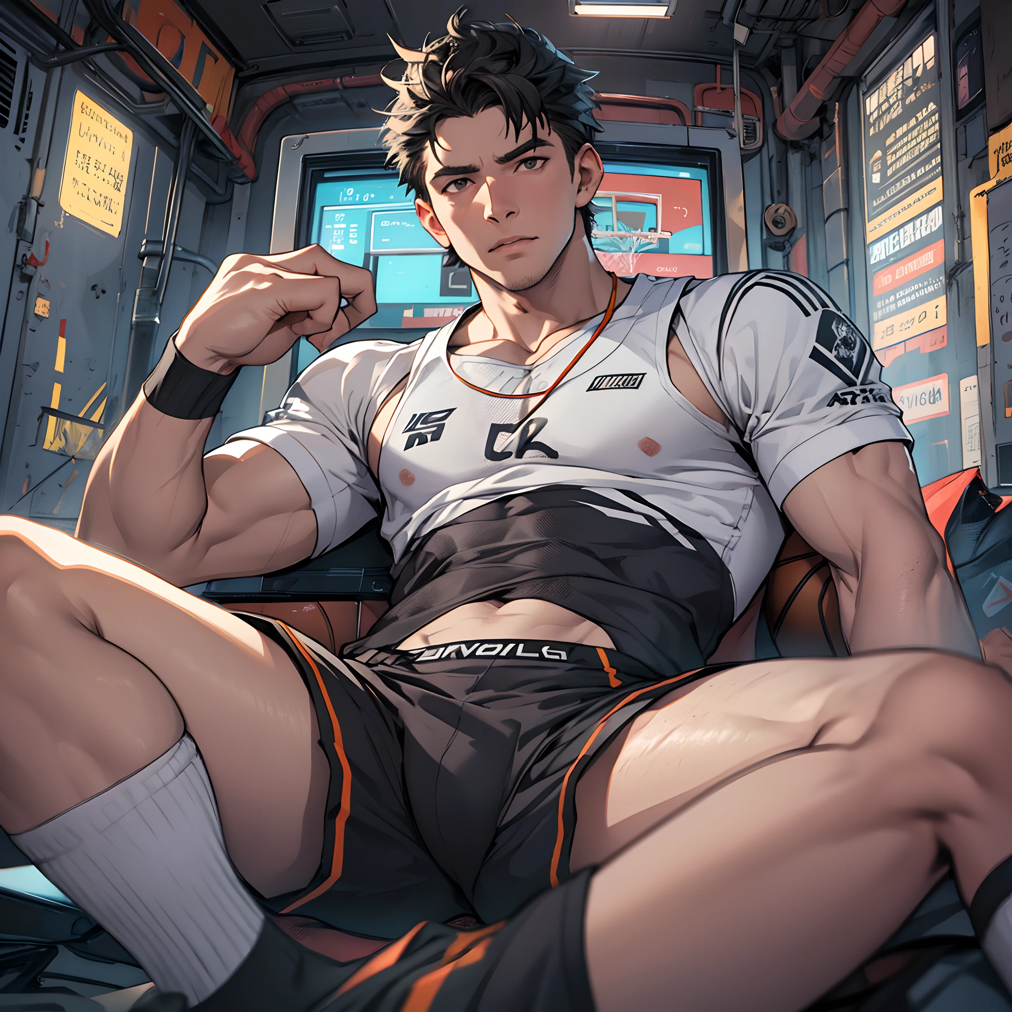 Libido boy，Tong，large pecs，Big bag，Wear white basketball socks，Half recumbent，CG sense，POV perspective，spread their legs，Dark atmosphere，8K,Cinematic lighting effects，Textured skin，best qualtiy，Storytelling images，Storytelling images，dynamic blur，actionpose，Elevation viewing angle