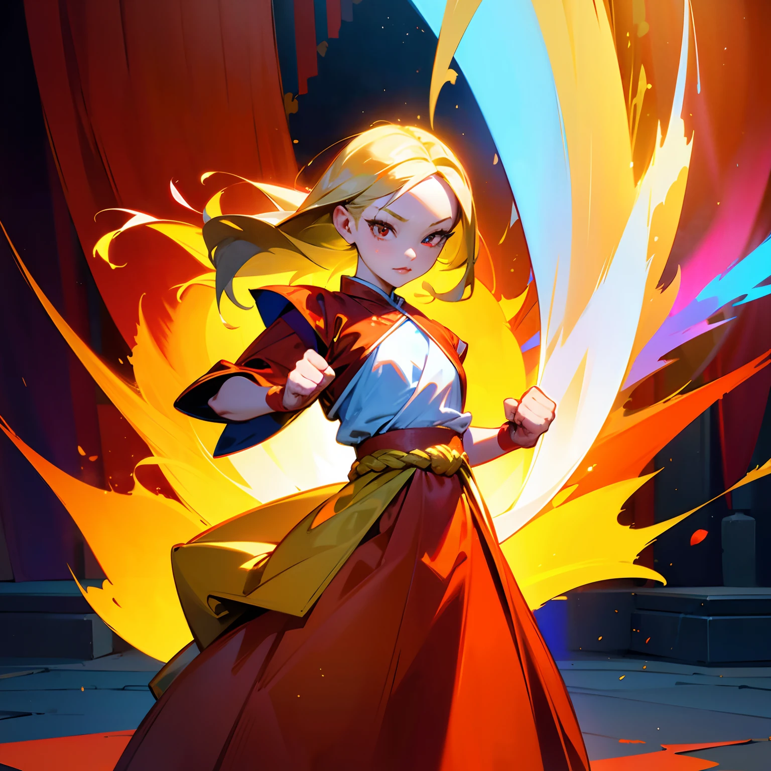 (best quality,ultra-detailed,realistic),red and gold,castle,7-year-old girl with beautiful detailed red color eyes and lips, flowing yellow blond hair, flat chest, no breasts, wearing a red and gold monk gi, charging ki. The scene is set in a castle with a fancy carpet, adorned with vibrant colors. The artwork is photo-realistic with vivid colors, capturing the energy and vibrancy of the girl's charging ki, wearing cloth shoes, hands are closed fists, glowing silver aura,