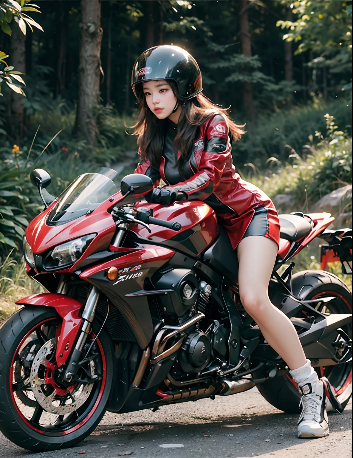 hight resolution、high-level image quality、in 8K、Real live-action、Raw photography、top-quality、masterpiece、masutepiece、(Soft Saturation:1)、(depth of fields:1.2)、(Ray traching:1.2)、heavy wind、Motorcycle on the highway、Young woman in red dress sitting on a red motorcycle, Grip the controller、sitting on a motorcycle, Wearing a full-face helmet, Riding a motorcycle, motor cycle, Motorcycles, motorbiker, riding on motorcycle, picture of a female biker, motorbike,
