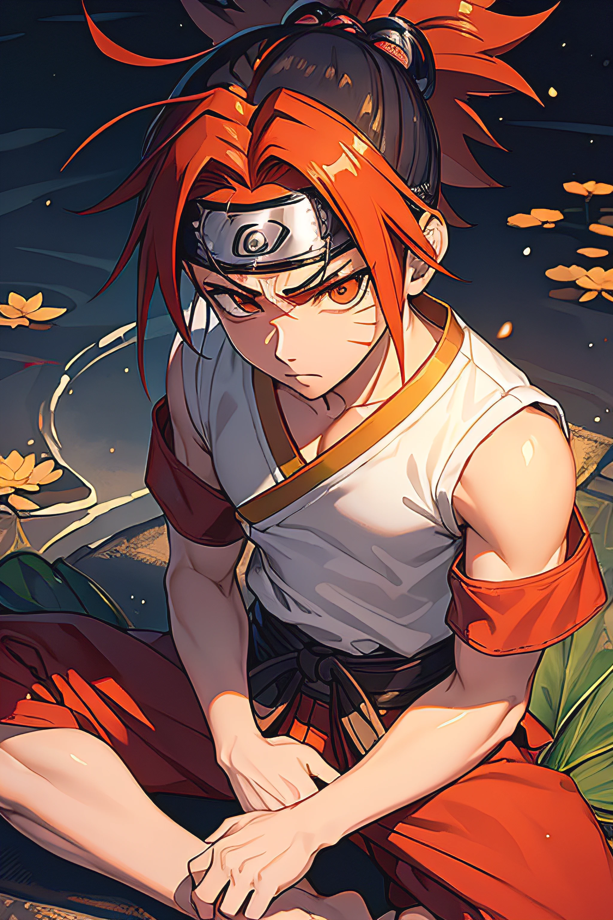 Gerar uma imagem de um menino de 12 anos com cabelo ruivo e penteado de coque samurai, wearing a headband from Naruto's Hidden Leaf Village. He is dressed in white clothes detailed with red, exibindo a crista Uzumaki. The character is seated in a lotus position, segurando um pergaminho velho fechado em seu colo, ao lado de uma katana preta e dourada. (Adicionar o pergaminho e a katana preta e dourada