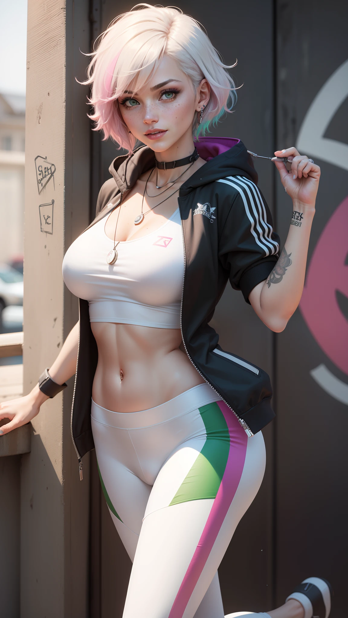 gwen tennyson,tracer,y'shtola rhul,yorha 2b,overwatch,nier automata,mecha pilot,school track,tattoos,orange and pink plugsuit,white short sleeve lycra top,white cargo leggings,uncovered belly,short hair,punk makeup,green eyes,multicolored silver hair,sexy smile,freckles,beautiful girl,large breasts,8k,ultra detailed,realistic,fantasy art,military uniform,ear piercings,track suit,saiyan girl,short sleeve sport hoodie,graffiti wall art,running,dog tag necklace,wet body,