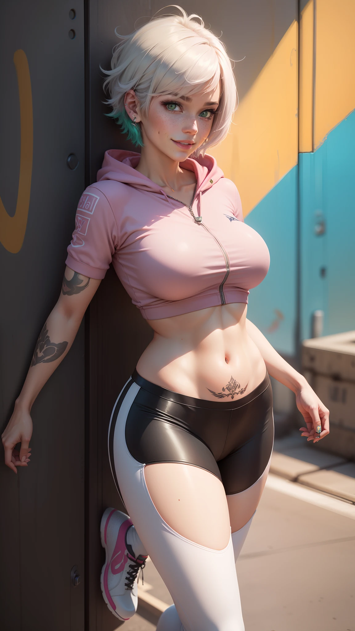gwen tennyson,tracer,y'shtola rhul,yorha 2b,overwatch,nier automata,mecha pilot,school track,tattoos,orange and pink plugsuit,white short sleeve lycra top,white cargo leggings,uncovered belly,short hair,punk makeup,green eyes,multicolored silver hair,sexy smile,freckles,beautiful girl,large breasts,8k,ultra detailed,realistic,fantasy art,military uniform,ear piercings,track suit,saiyan girl,short sleeve sport hoodie,graffiti wall art,running,dog tag necklace,wet body,