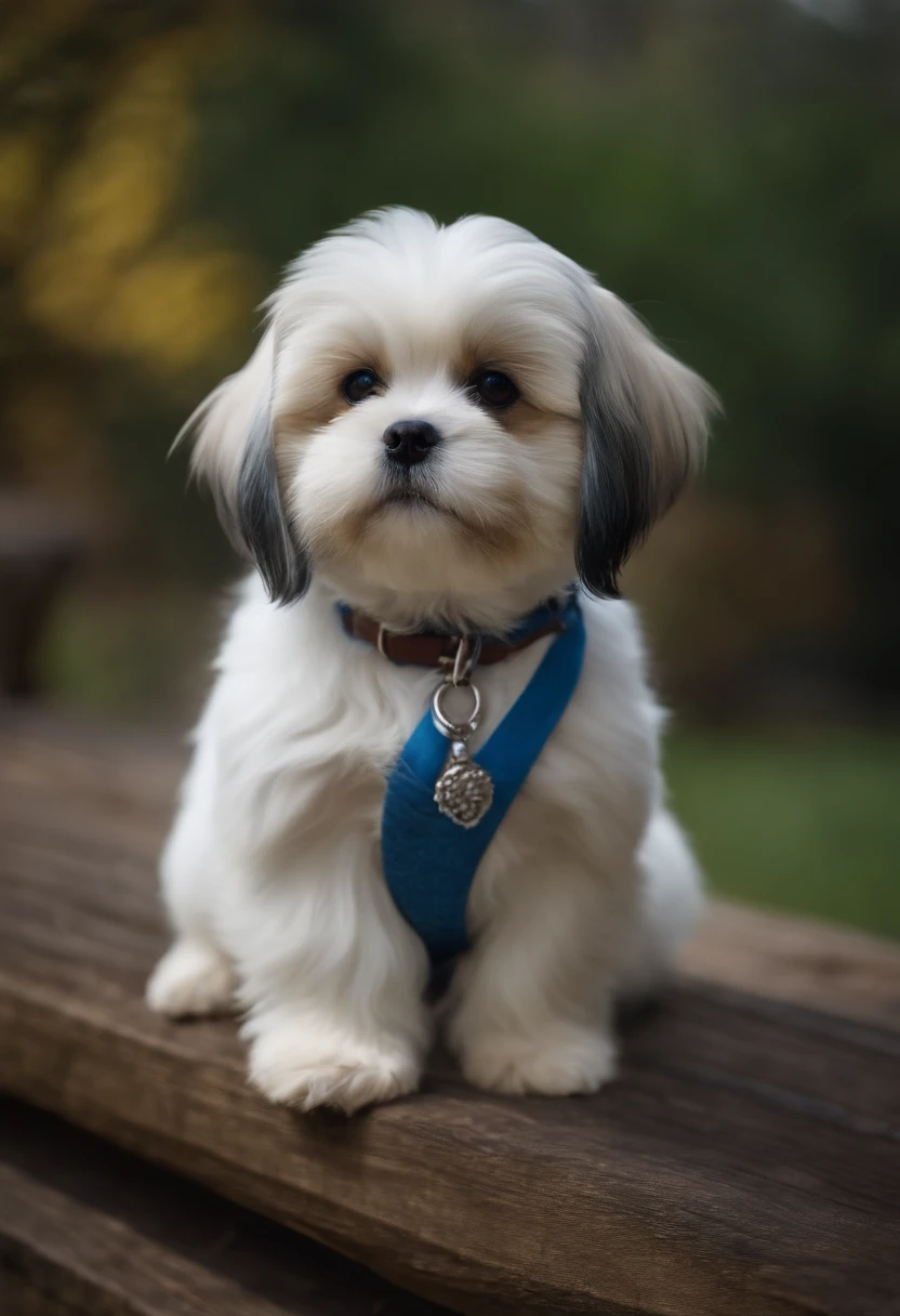 cachorrinho shitzu de pelo branco com uma coleira azul
