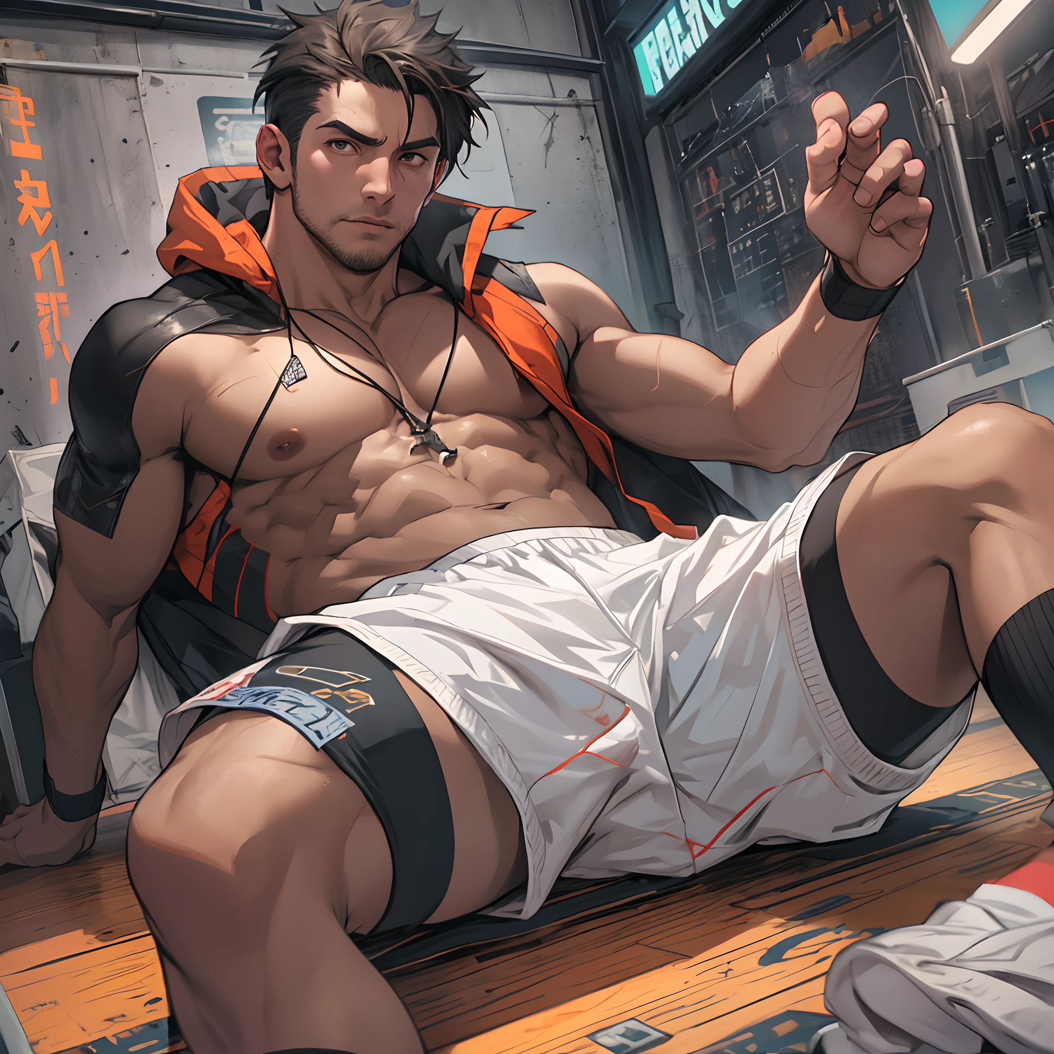 Libido boy，Tong，large pecs，Big bag，Wear white basketball socks，Half recumbent，CG sense，POV perspective，Dark atmosphere，8K,Cinematic lighting effects，Textured skin，best qualtiy，Storytelling images，Storytelling images，dynamic blur，actionpose，Keep your foot on the lens