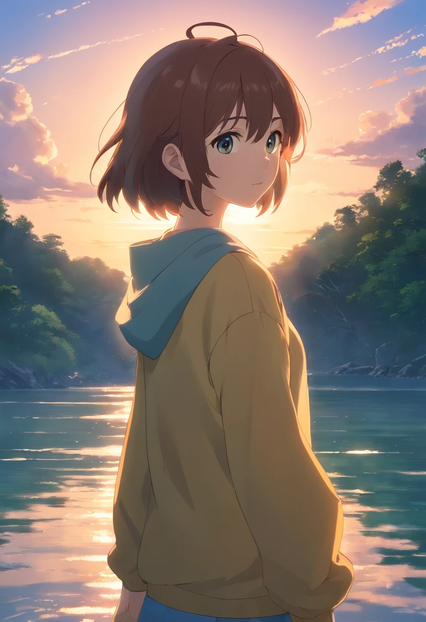 tmasterpiece,best qualtiy,cinematic Film still from,Libido boy,ember,云,closeup cleavage,brightened,cheerfulness,Warm and soft lighting,evening glow,fishing rod,Lake surface,AngelT(spark of light:0.7)