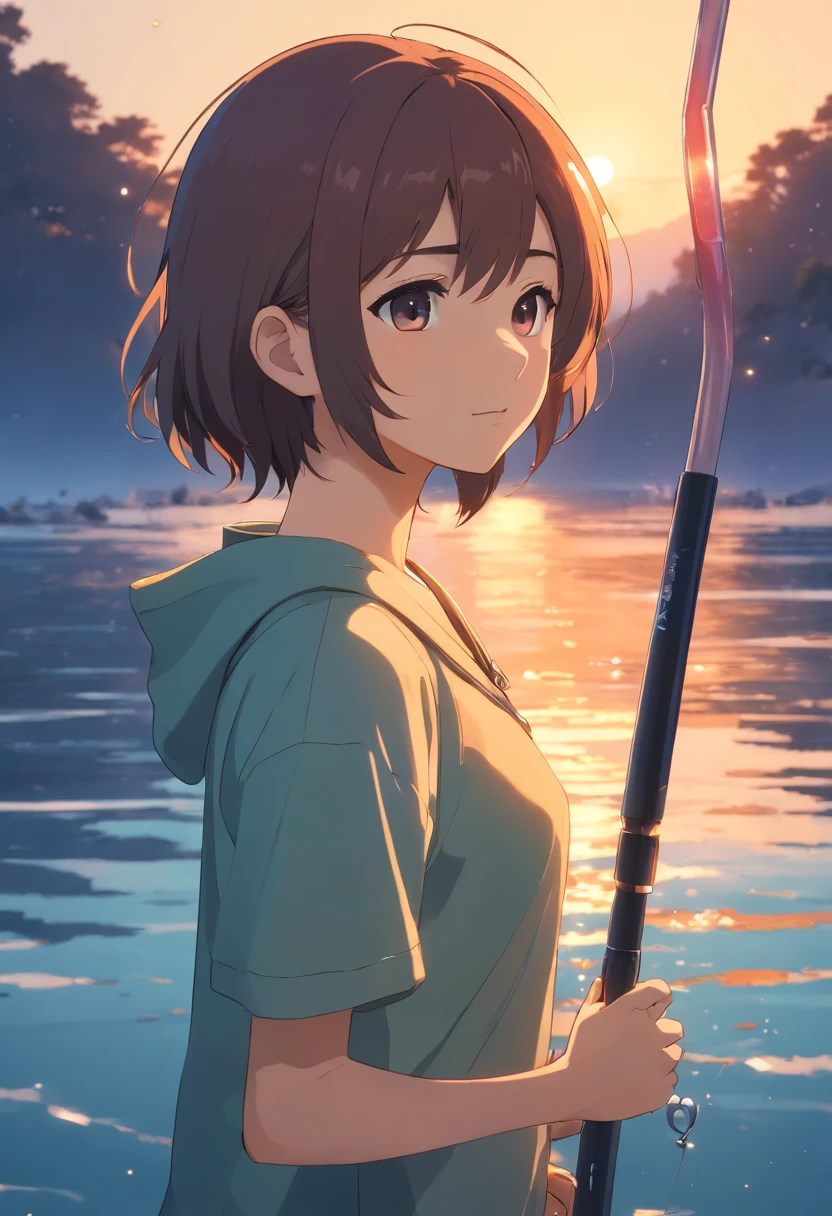 tmasterpiece,best qualtiy,cinematic Film still from,Libido boy,ember,云,closeup cleavage,brightened,cheerfulness,Warm and soft lighting,evening glow,fishing rod,Lake surface,AngelT(spark of light:0.7)