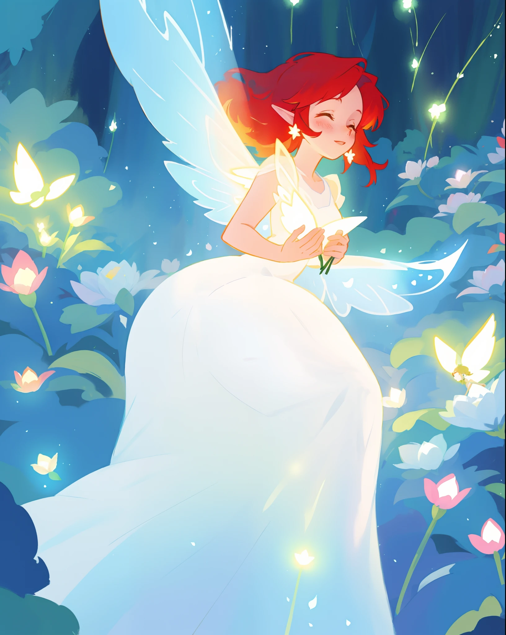 beautiful elf girl in glowing white ballgown, fairy queen, glowing large white fairy wings, ((long large glowing white fairy wings)), blue and gold forest and flowers background, flowing red hair, watercolor illustration, flowers and colorful plants, disney art style, glowing aura around her, glowing lights, beautiful digital illustration, fantasia otherworldly landscape plants flowers, beautiful, masterpiece, best quality, anime disney style