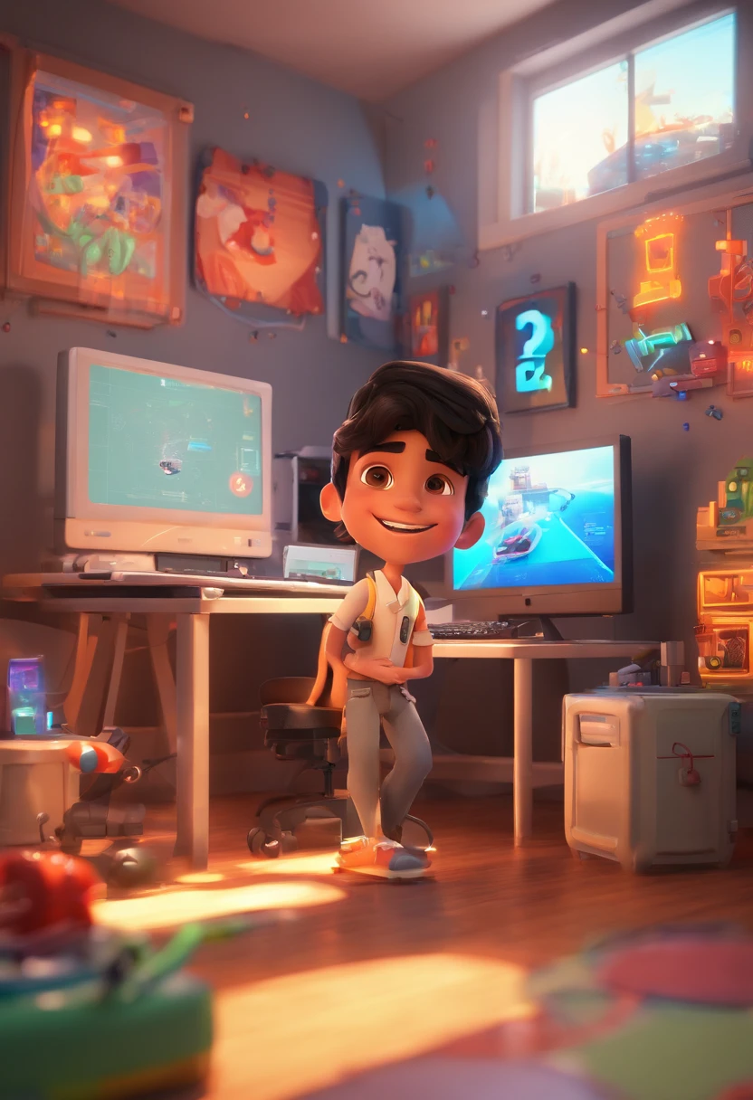 3D inspired by Pixar/Disney A boy, black hair, in a doctor's outfit, smiling, playing video games. In the background, a studio full of technologies. In the background, LED/neon panel on the wall with “Raphael” written