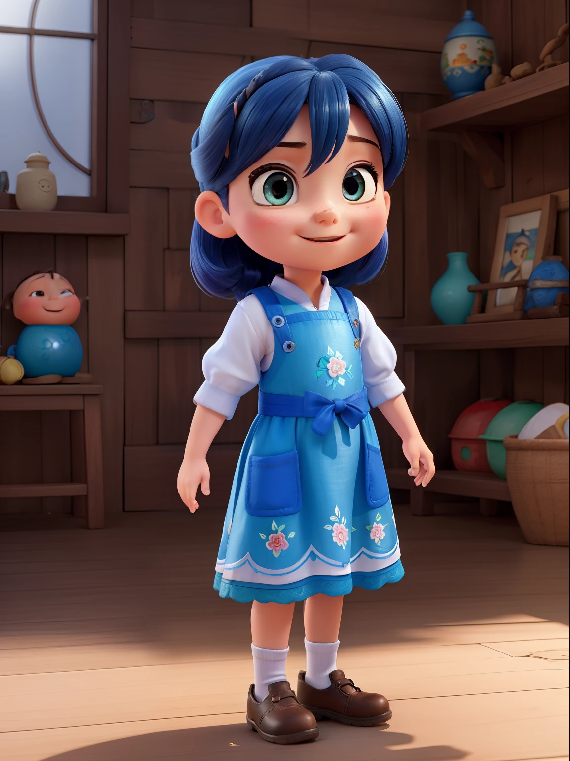 Cenas renderizadas em 3D realistas，The main body is a  girl wearing blue Chinese clothes，por Pixar，IP，caixa cega，material de argila，cor pastel，studiolight，Vista frontal，rendering by octane，Batedeira，hIPer qualidade，hIPer HD，8k，pinceladas animadas，(estilo expressivo)，（Rainwater），cara sorridente，adolable，