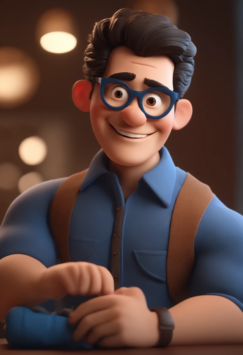 Cartoon character of a man with black glasses and a blue shirt, animation character, Caractere estilizado, animation style rendering, 3D estilizado, Arnold Maya render, 3 d render stylized, toon render keyshot, Personagem 3D, Personagem 3D, 3d rendering stylized, 3 d character render, personagem de desenho animado, Personagem de close up, Pose de personagem, (Estilo Pixar) (master part:1.2) (Bokeh) (melhor qualidade) (pele detalhada) (textura detalhada) (8k) (argila) (Cinematic lighting) (foco nítido