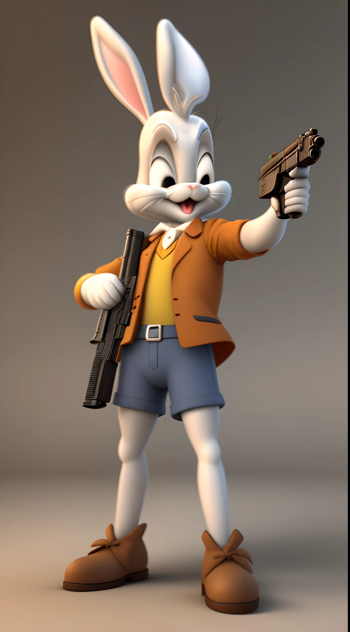 Bugs Bunny from Looney Tunes with a gun in his hand 3-D cartoon look