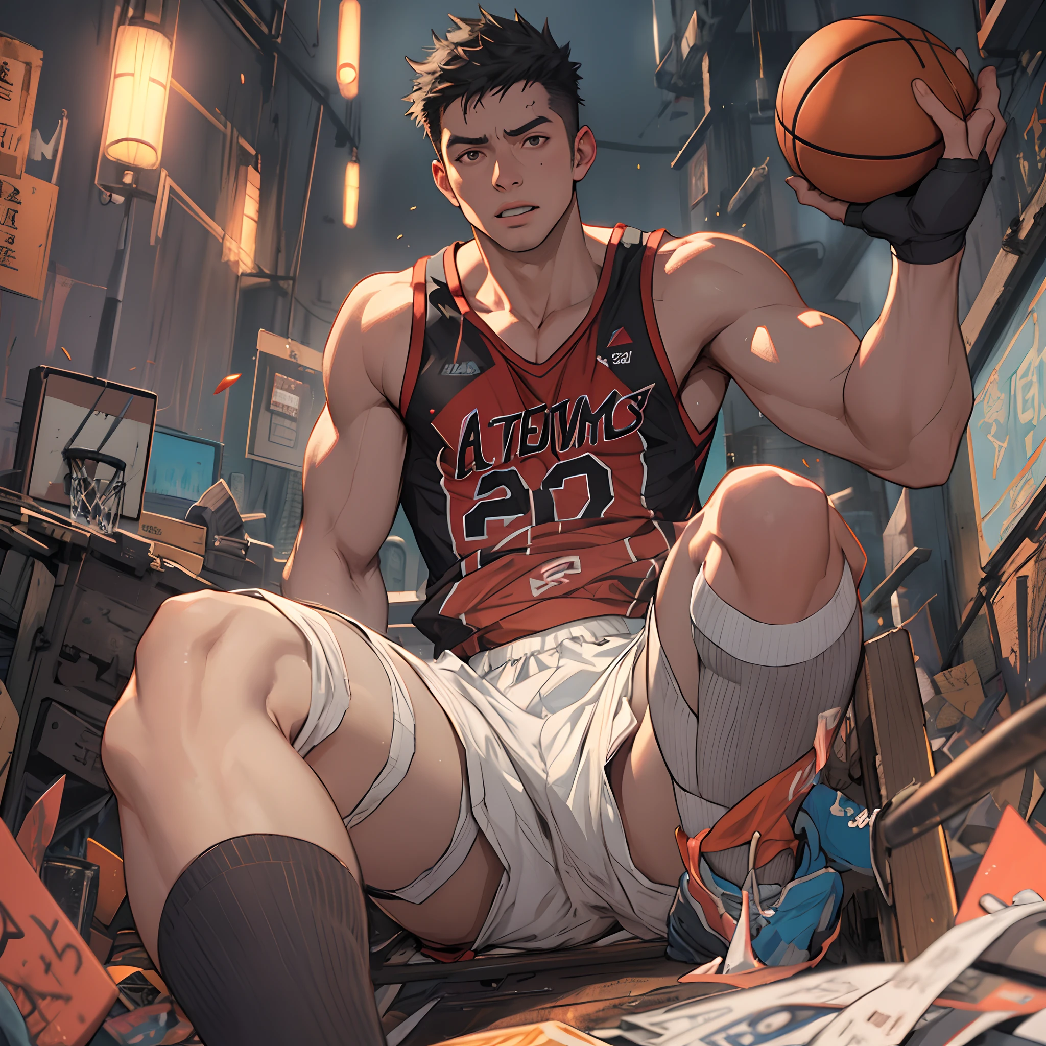 Libido boy,Tong,large pecs,Big bag,Wear white basketball socks,Half recumbent,CG sense,POV perspective,Dark atmosphere,8K,Cinematic lighting effects,Textured skin,best qualtiy,Storytelling images,Storytelling images,dynamic blur,actionpose,Keep your foot on the lens