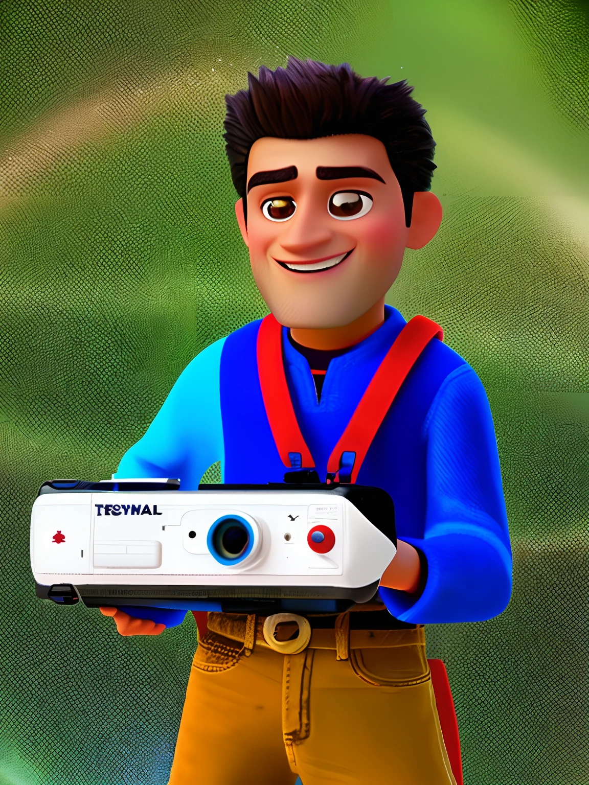 pixarstyle um retrato na altura da cintura de um homem meia idade com roupas sociais preta, cabelo preto, olhos castanho escuro, sorriso, textura natural da pele, texturas 4k, hdr, intrincado, altamente detalhado, foco nítido, cinematic visual, hiperdetalhado, with professional camera in hand