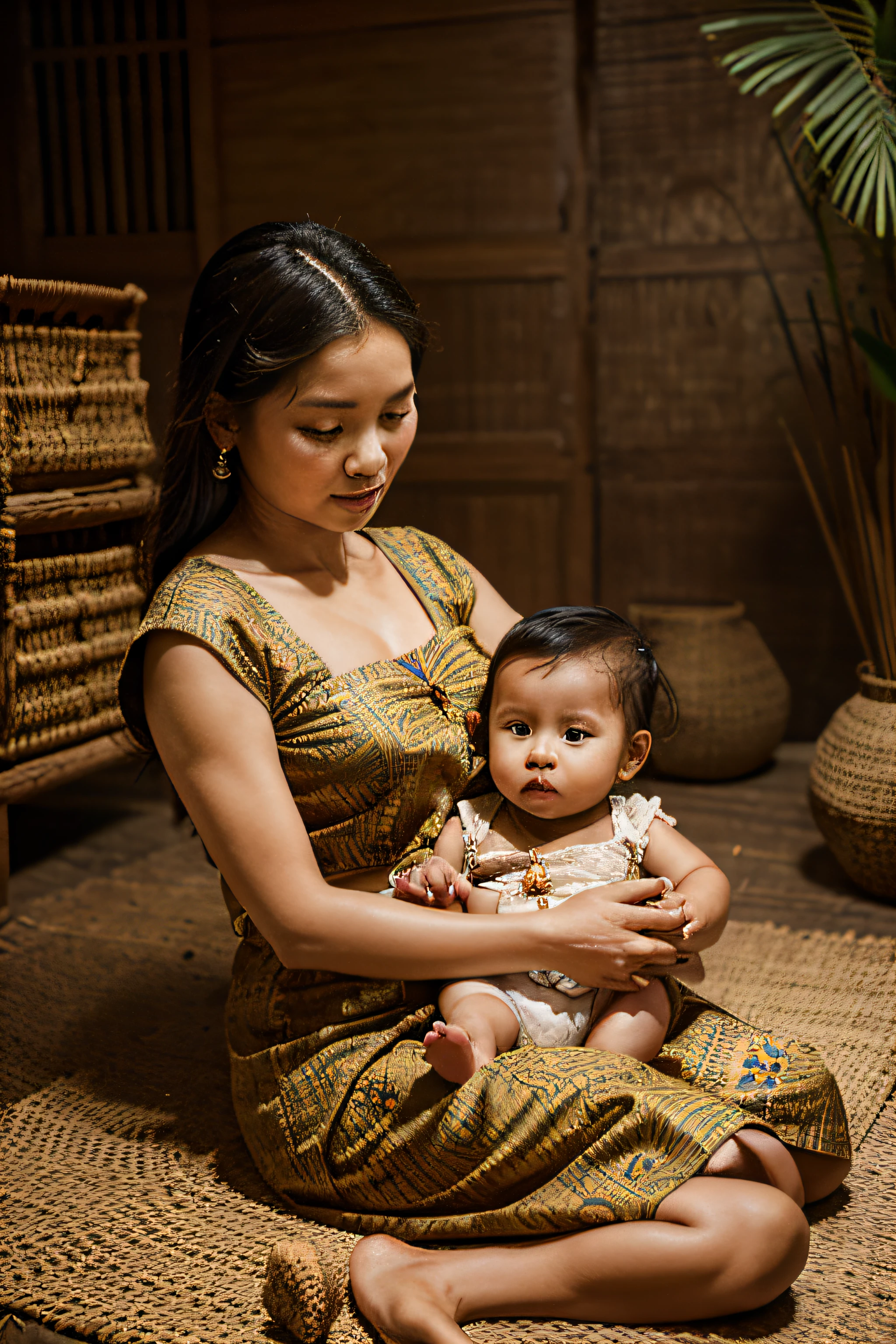 create a painting a javanese mother with a baby in 18th century, no look camera, wear batik, background rice field, litography style