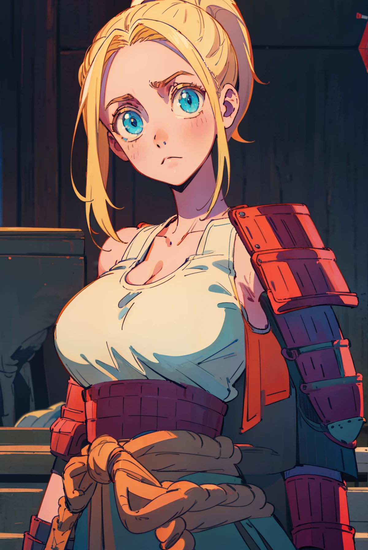 beatrixamerhauser, beatrix amerhauser, long hair, blue eyes, blonde hair, gloves, ponytail, (medium breast:1.2),
BREAK gloves, fingerless gloves, armor, japanese armor, tank top, white tank top,
BREAK looking at viewer,
BREAK outdoors,
BREAK (masterpiece:1.2), best quality, high resolution, unity 8k wallpaper, (illustration:0.8), (beautiful detailed eyes:1.6), extremely detailed face, perfect lighting, extremely detailed CG, (perfect hands, perfect anatomy),