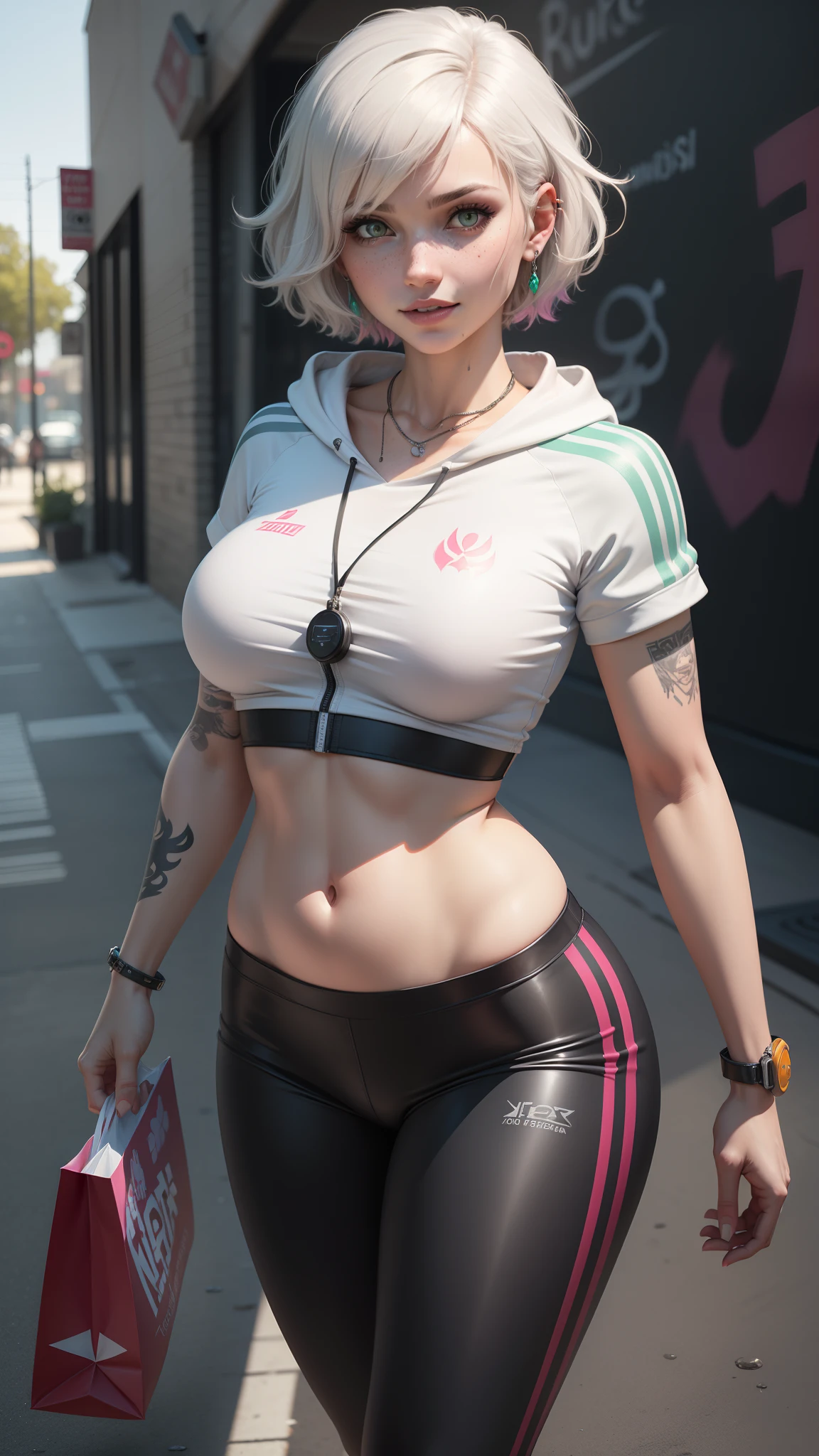 gwen tennyson,tracer,y'shtola rhul,yorha 2b,overwatch,nier automata,mecha pilot,shopping street,tattoos,orange and pink plugsuit,white short sleeve lycra top,white cargo leggings,uncovered belly,short hair,punk makeup,green eyes,multicolored silver hair,sexy smile,freckles,beautiful girl,large breasts,8k,ultra detailed,realistic,fantasy art,punk girl,ear piercings,metal band uniform,track suit,pink short sleeve sport hoodie,graffiti wall art,walking,chain necklace,sport bag,view from behind, close up,