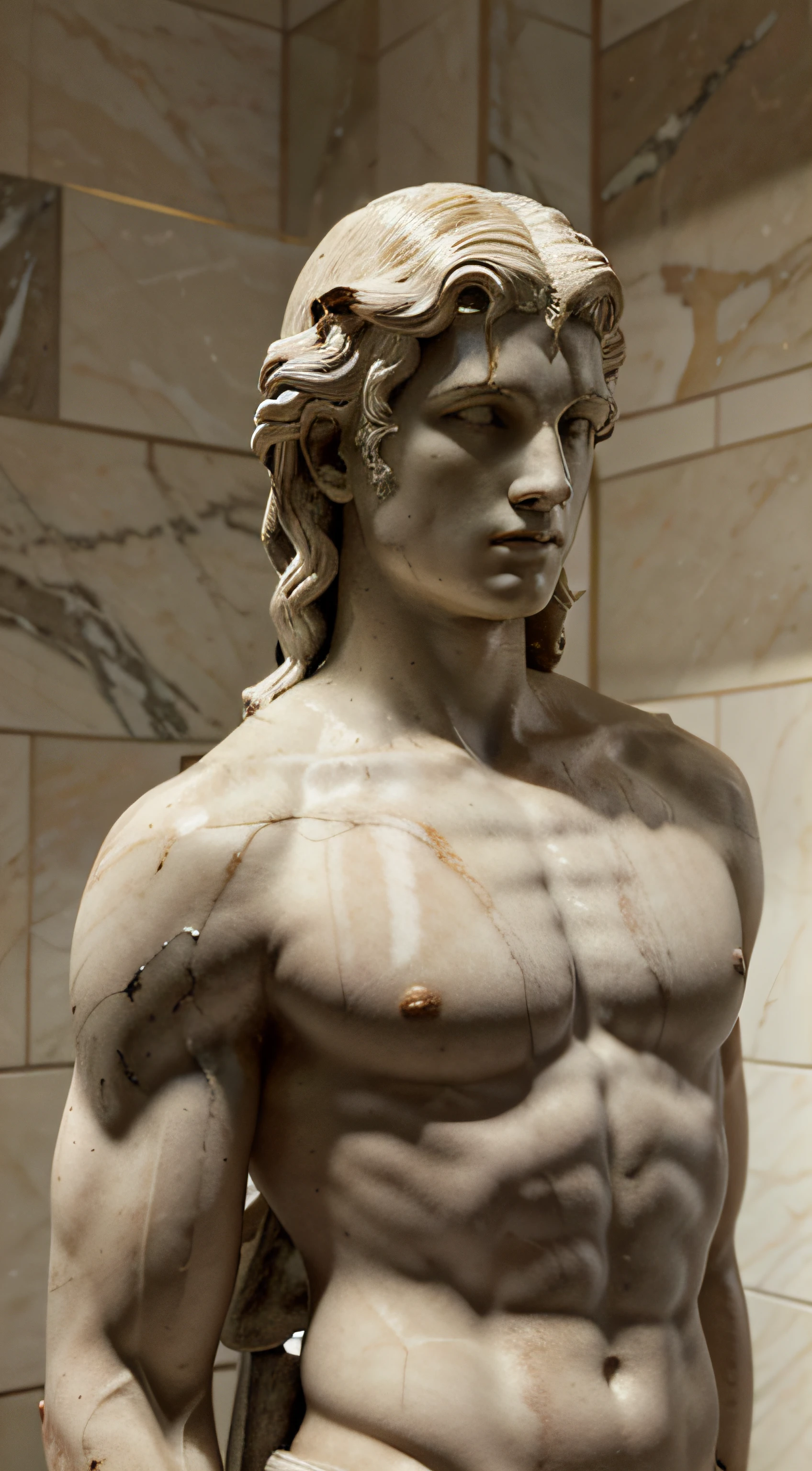 marble greek god on his back and looking to the side