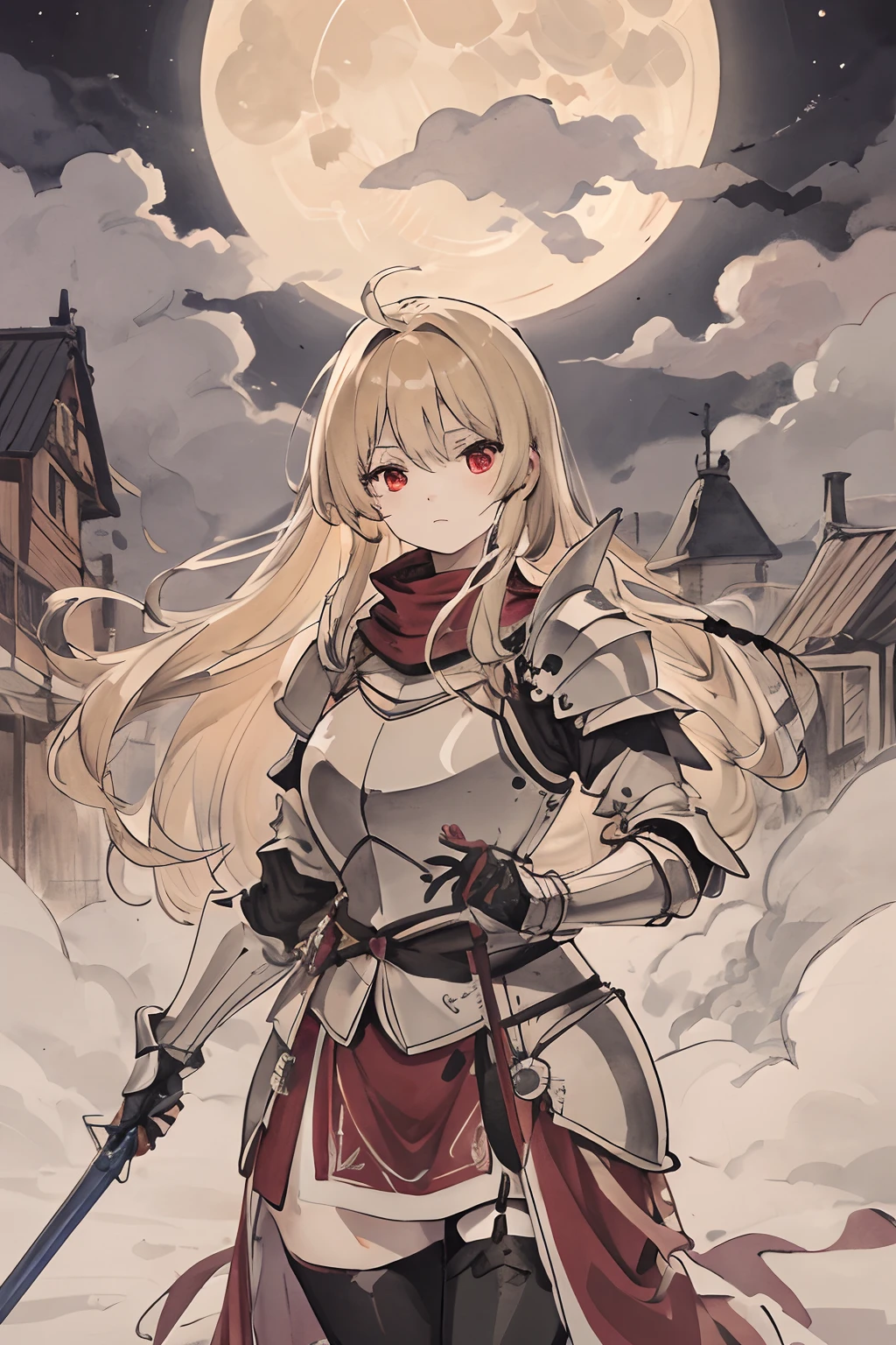Masterpiece, Best Quality, Night, Hills, Clouds, Full Moon, Long Hair, Women, blonde hair, knight, knight armor, red eyes, stocking
