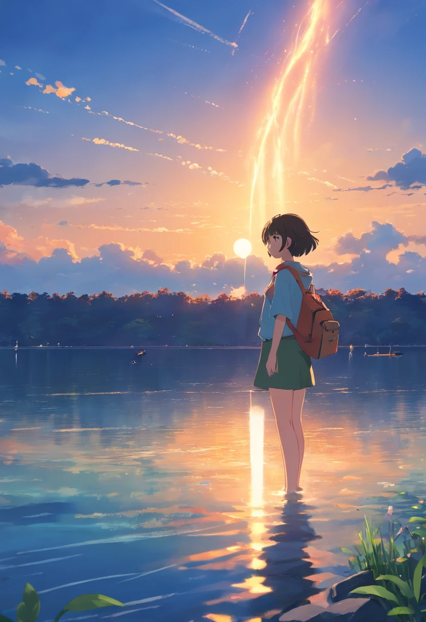 tmasterpiece,best qualtiy,cinematic Film still from,Libido boy,ember,云,closeup cleavage,brightened,cheerfulness,Warm and soft lighting,Evening glow,fishing rod,Lake surface,AngelT(spark of light:0.7),angling