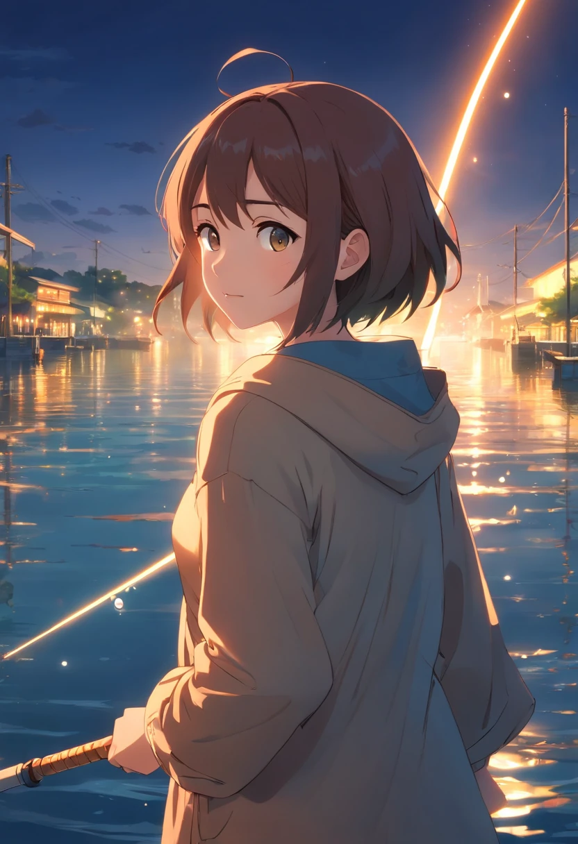tmasterpiece,best qualtiy,cinematic Film still from,Libido boy,ember,云,closeup cleavage,brightened,cheerfulness,Warm and soft lighting,Evening glow,fishing rod,Lake surface,AngelT(spark of light:0.7),angling
